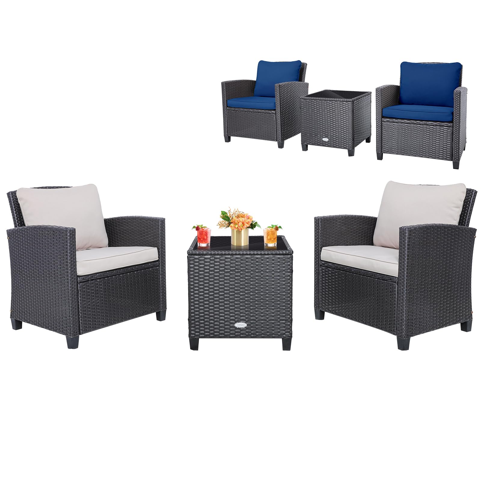 Tangkula 3-Piece PE Rattan Patio Furniture Set with Washable Cushions & Tempered Glass Table - Outdoor Wicker Sofa Set for Garden, Poolside, Balcony or Backyard (Beige/Navy) - Perfect for Relaxing, Entertaining Guests, and Enjoying Outdoor Living Spaces