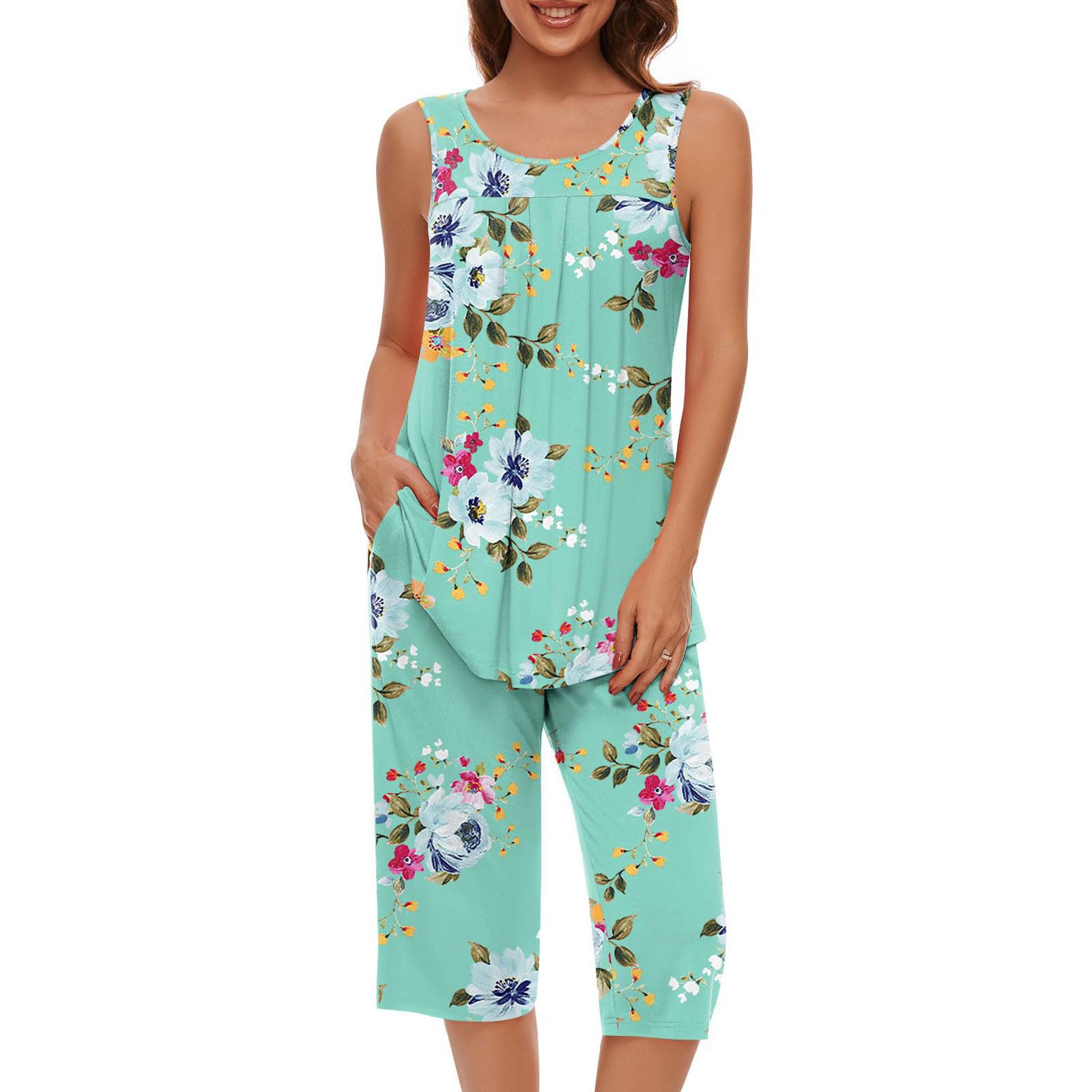 Women's 2-Piece Floral Print Pajama Set - Sleeveless Tank Top & Capri Pants Soft Summer Sleepwear Lounge Wear for Comfortable Night Sleep & Relaxing at Home