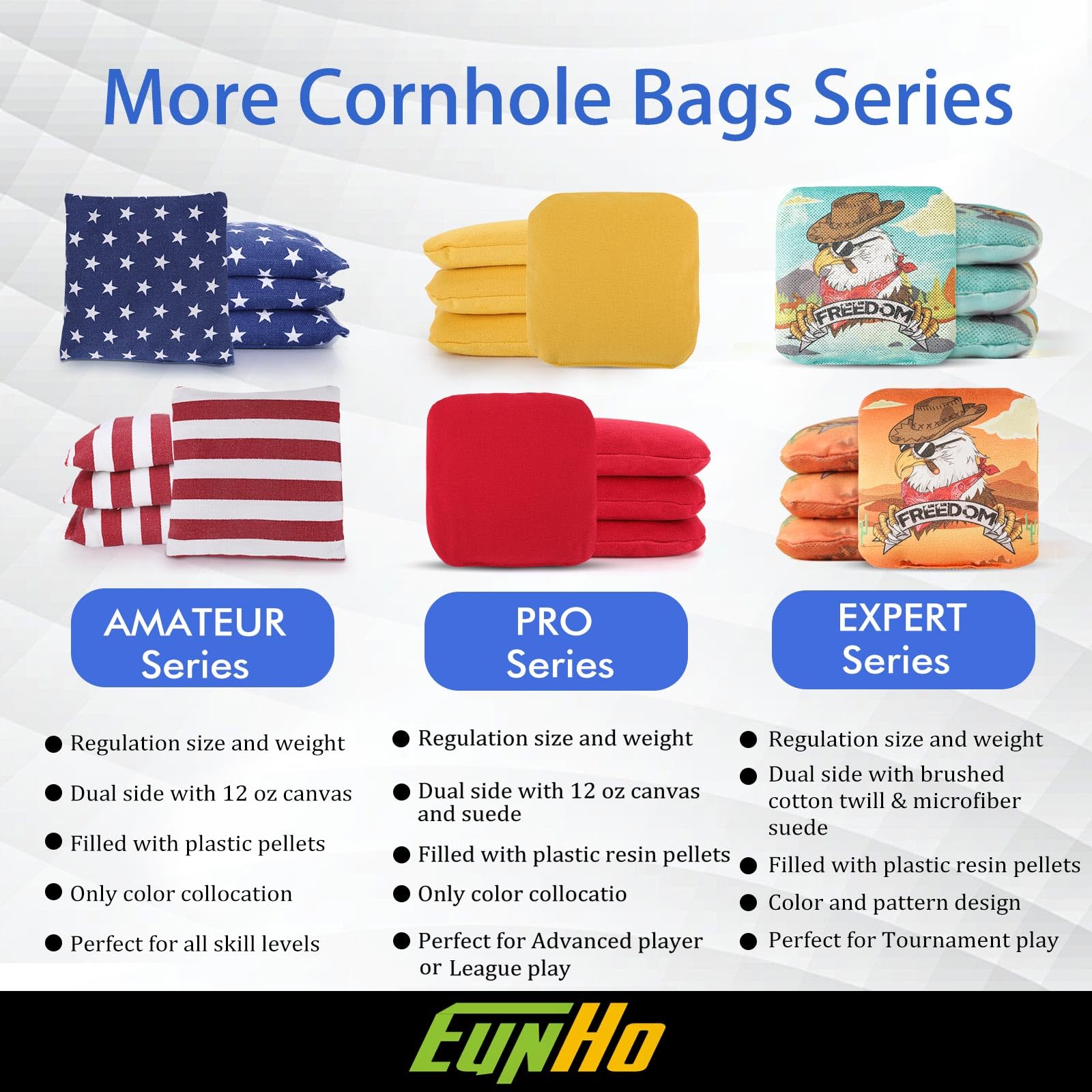 EunHo Professional Regulation Cornhole Bags Set of 8 - Dual Sided Slick & Stick Bean Bags for Outdoor Tossing Games - All Weather Durable for Backyard, Tailgating, and Picnic Parties