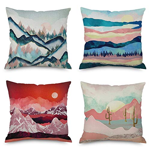 VenusL Set of 4 Japanese Style Marble Texture Decorative Throw Pillow Covers - Mountain Forest Scenery with Red Sun, One-Side Printed Cotton Linen (18x18 Inch/45x45cm) for Living Room, Bedroom, Sofa Decor