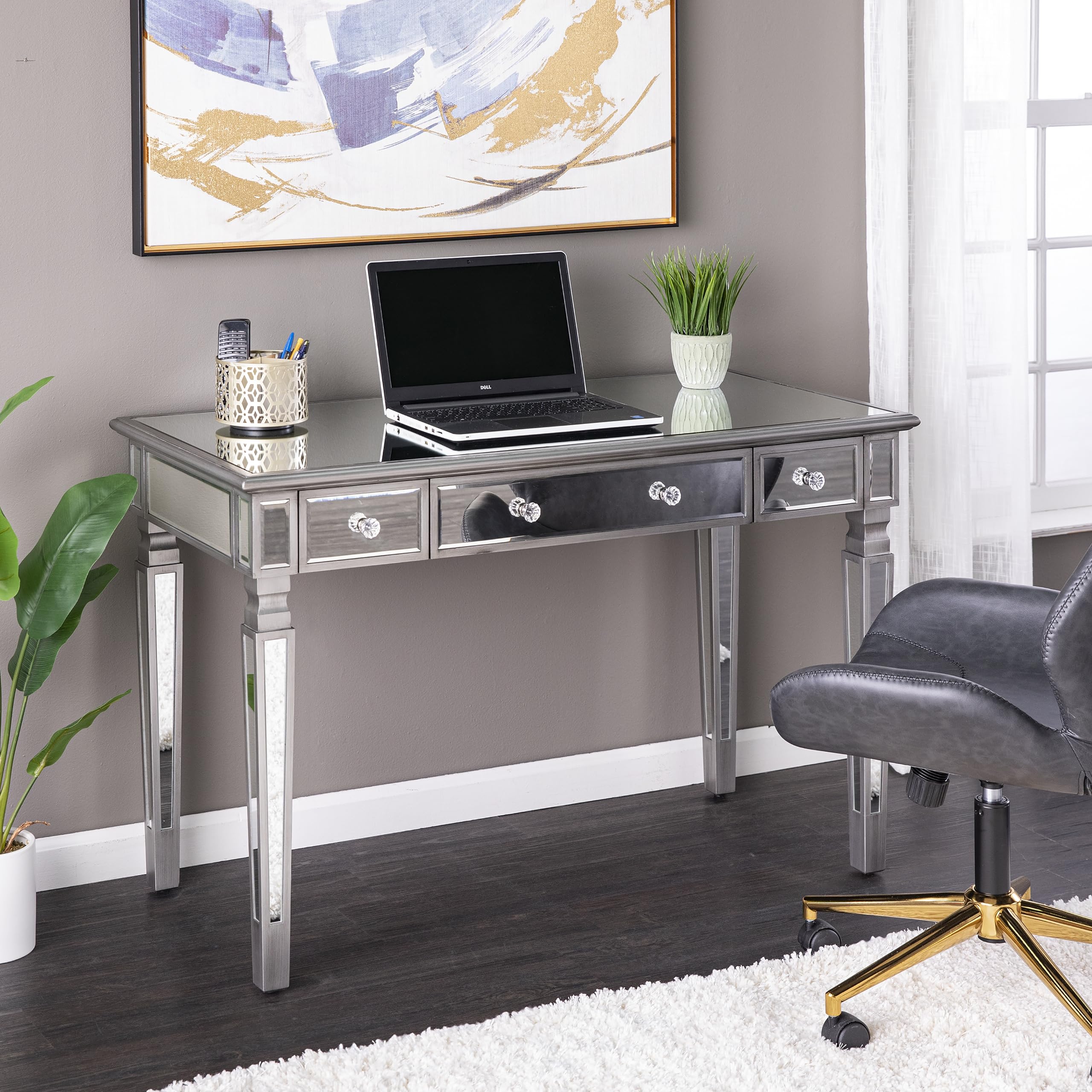 SEI Furniture Wedlyn Mirrored Writing Desk - Silver Finish Modern Home Office Desk with Mirror for Small Spaces | Perfect for Study, Work, or Vanity Makeup Area