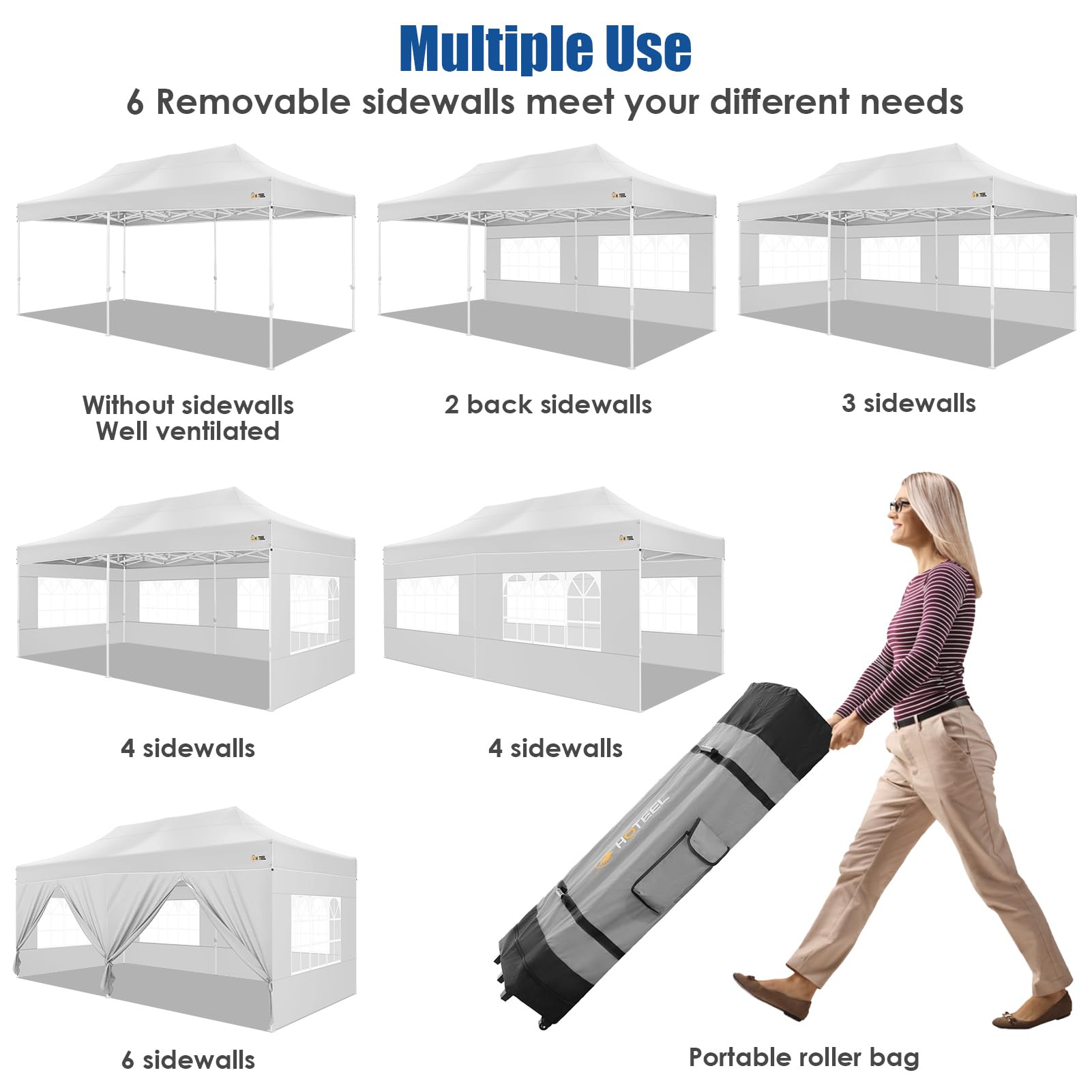 HOTEEL 10x20 FT Heavy Duty Pop Up Canopy Tent with 6 Sidewalls - Easy Setup Instant Gazebo for Outdoor Events, Weddings, Parties - Includes Roller Bag & Sand Bags - White Hexagonal Frame - Perfect for Backyard Gatherings, Farmers Markets, and Beach Outings