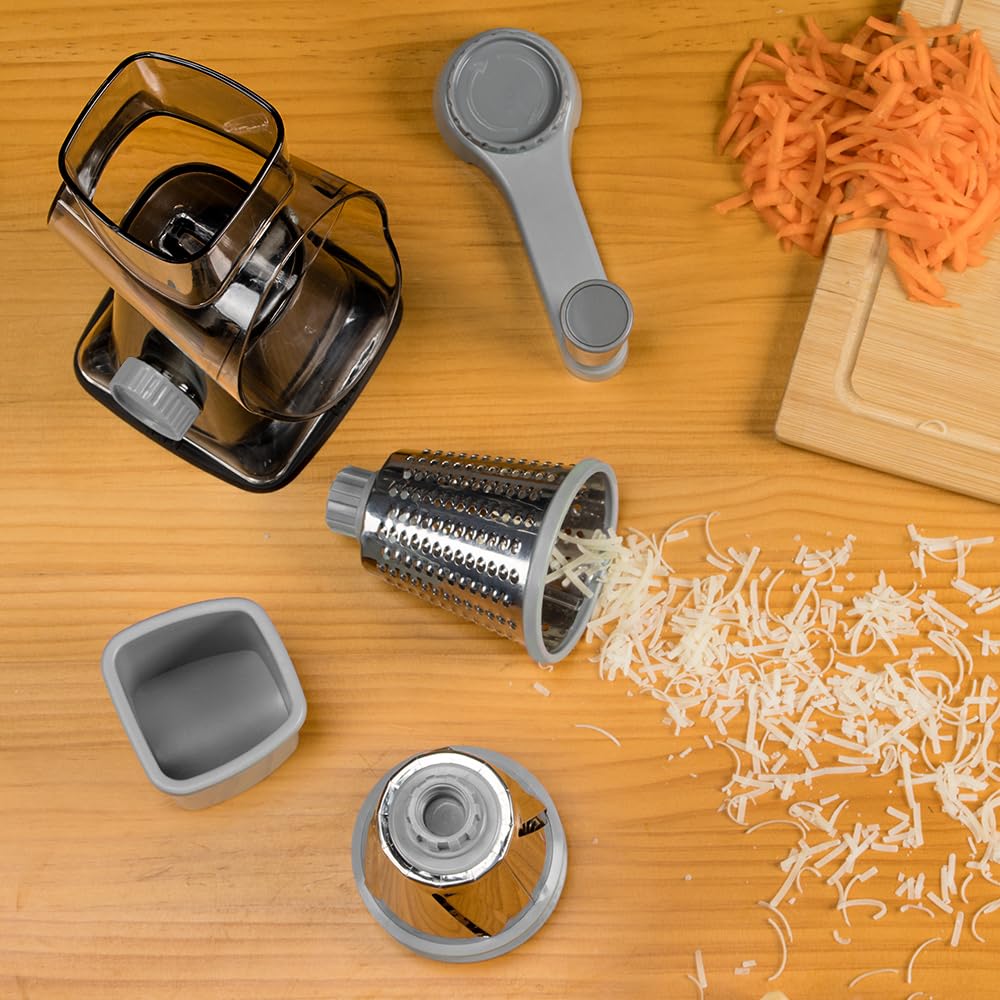 Stainless Steel Rotary Cheese Grater with 3 Blades - Hand Crank Kitchen Tool for Shredding Cheese, Carrots, Cucumbers, Nuts & Chocolate (Dark Grey) - Perfect for Pizza Toppings, Salad Prep & Baking Needs
