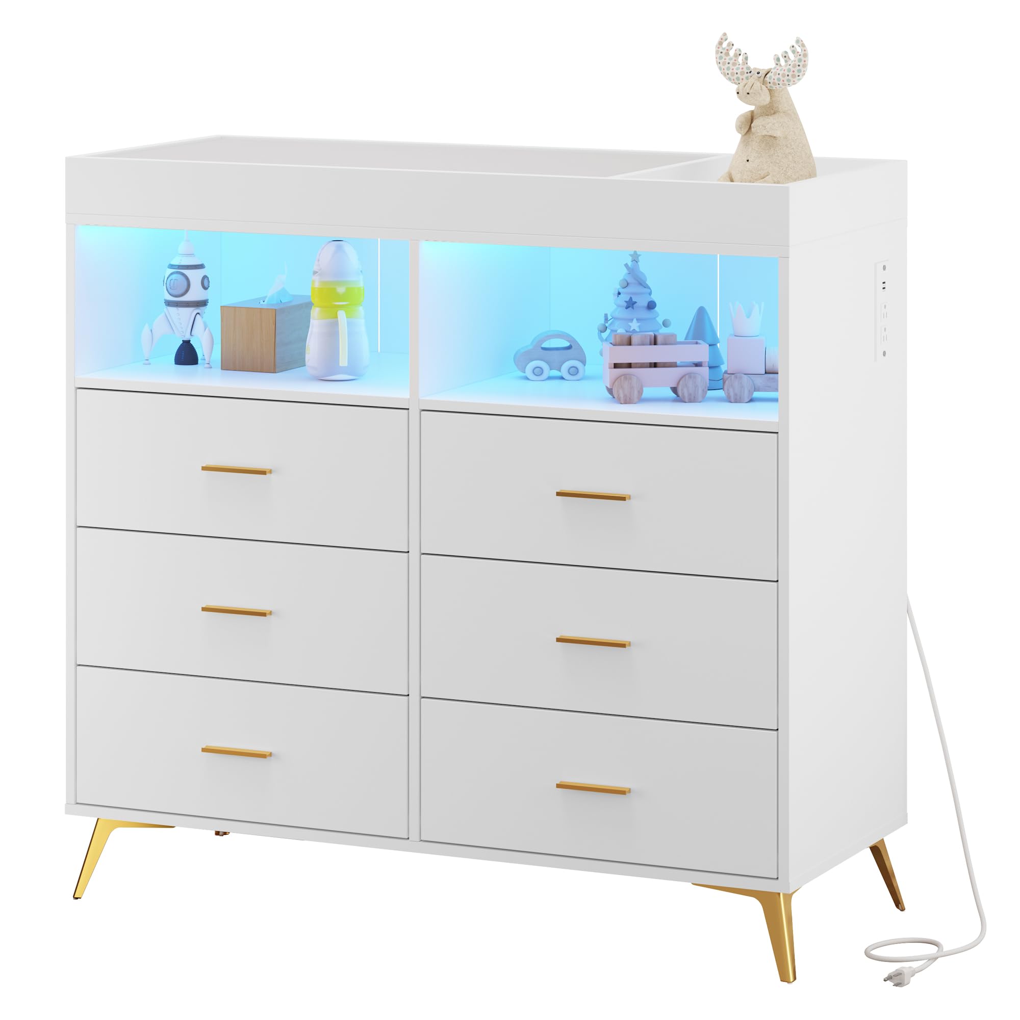 Baby Changing Table Dresser with LED Lights & Power Outlet - 6 Storage Drawers Nursery Organizer for Infants & Newborn - White Changing Station for Diapers, Clothes & Baby Essentials - Perfect for Nursery, Bedroom & Baby Shower Gifts