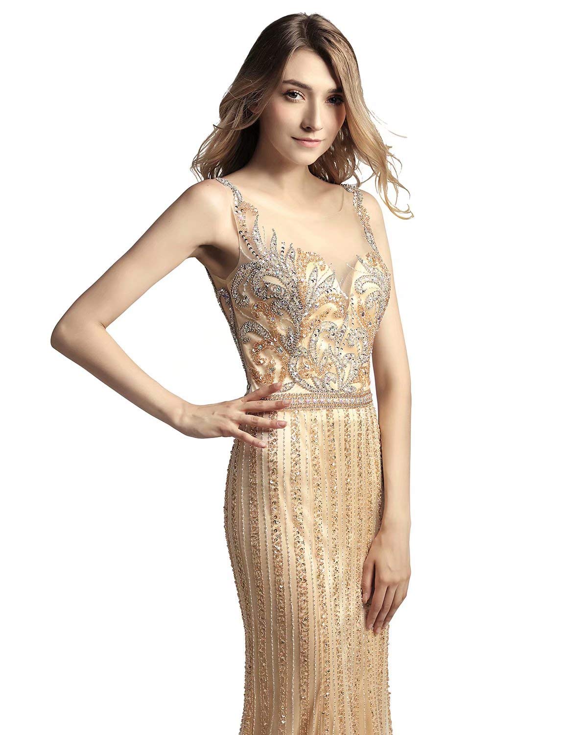 Sarahbridal Women's Champagne Beaded Tulle Prom Dress - Elegant Long Formal Evening Gown for Pageants, Parties, and Special Occasions | Perfect for Homecoming, Quinceañera, and Wedding Guest Attire