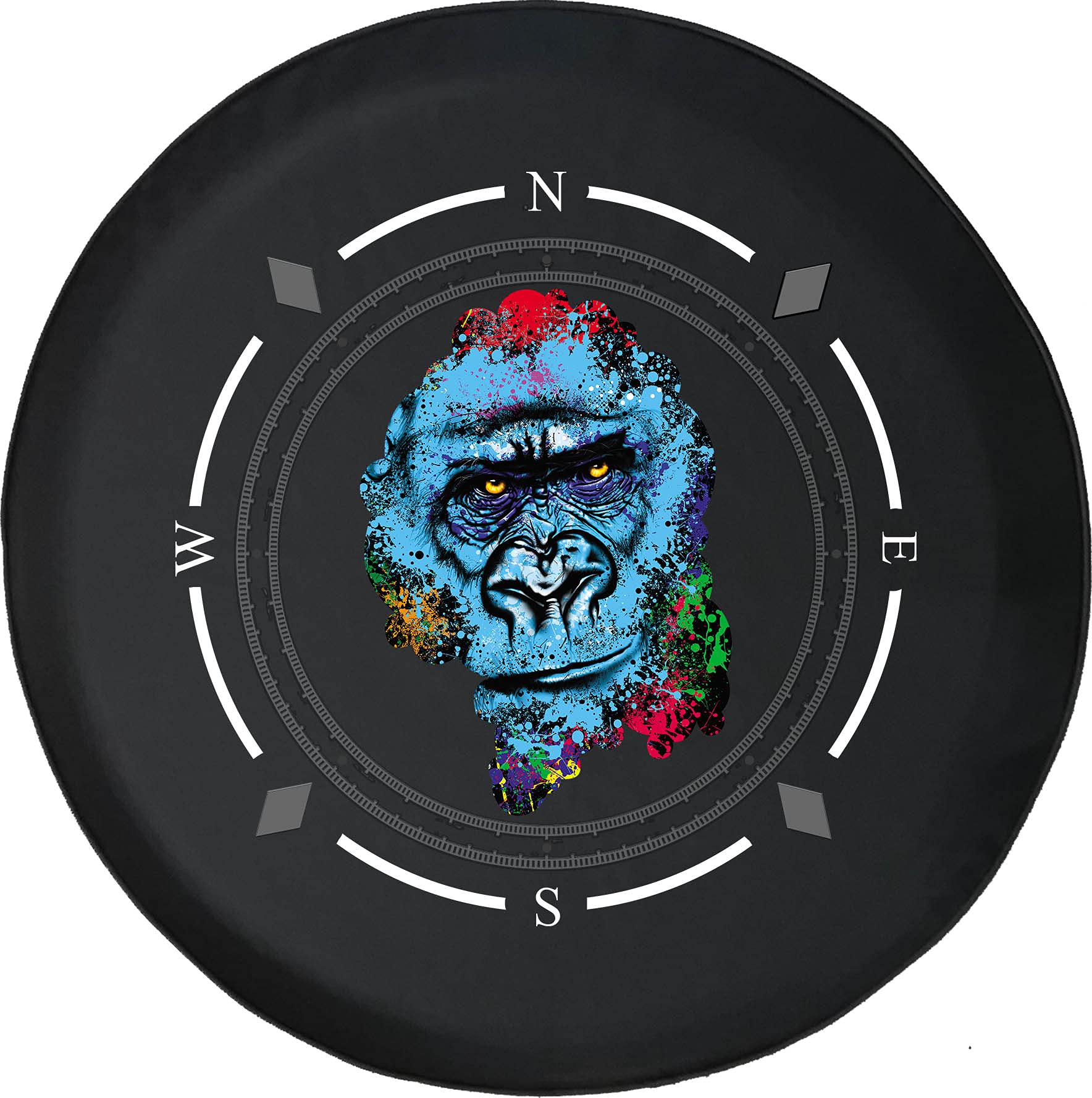 Spare Tire Cover with Compass & Gorilla Design - Colorful Paint Splatter Wheel Covers for SUV, Trailer, RV & Most Vehicles | Durable & Weatherproof Accessory for Off-Road Adventures & Camping Trips