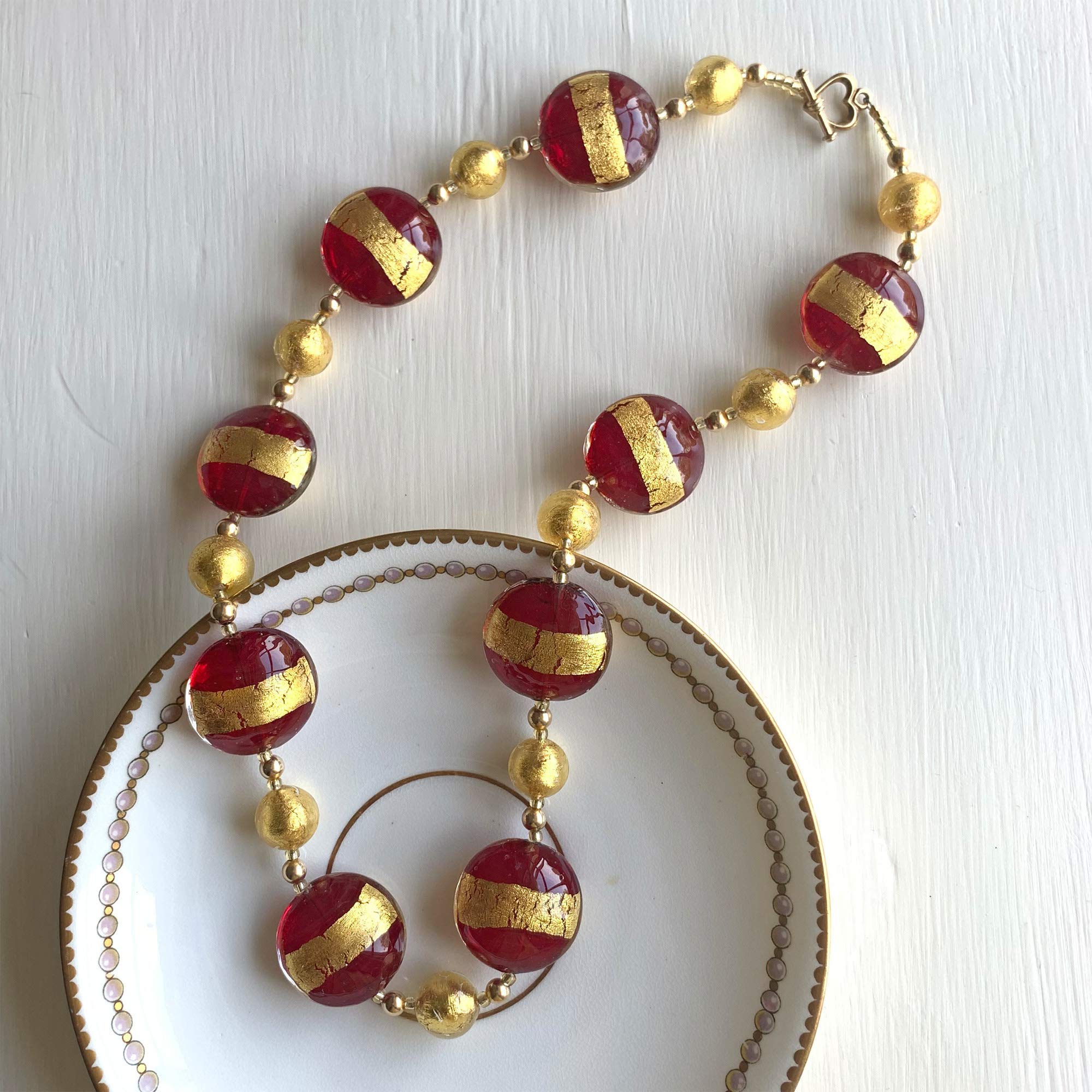 Elegant Diana Ingram Necklace with Red Translucent & Gold Murano Glass Beads - 22K Gold Vermeil Clasp for Women | Perfect for Weddings, Parties & Special Occasions