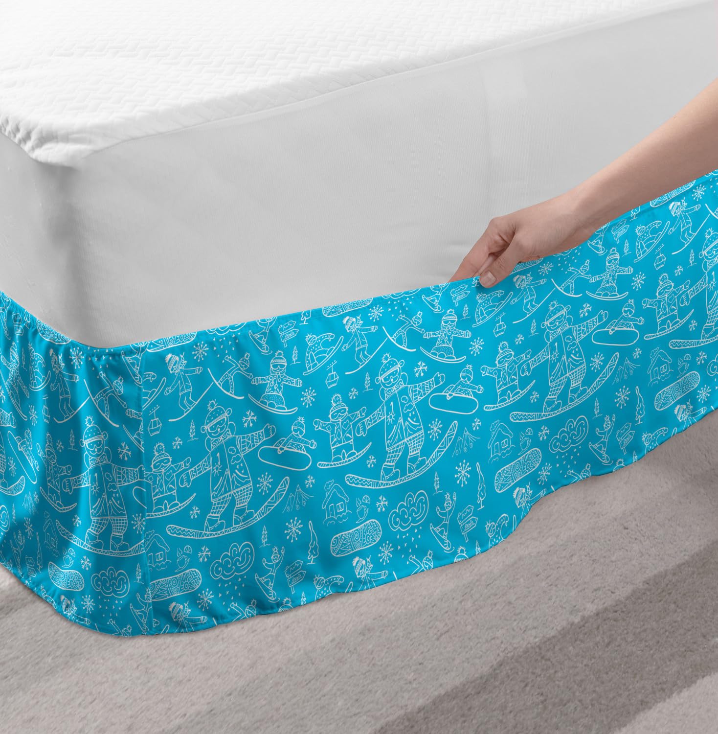 Ambesonne Ski Pattern Bed Skirt - Snowboarder & Snowflakes Design on Blue Backdrop - Elastic Wrap Around Gathered Bedroom Decor - Queen Size Sky Blue & White - Perfect for Winter Themed Bedrooms & Ski Lodge Decor