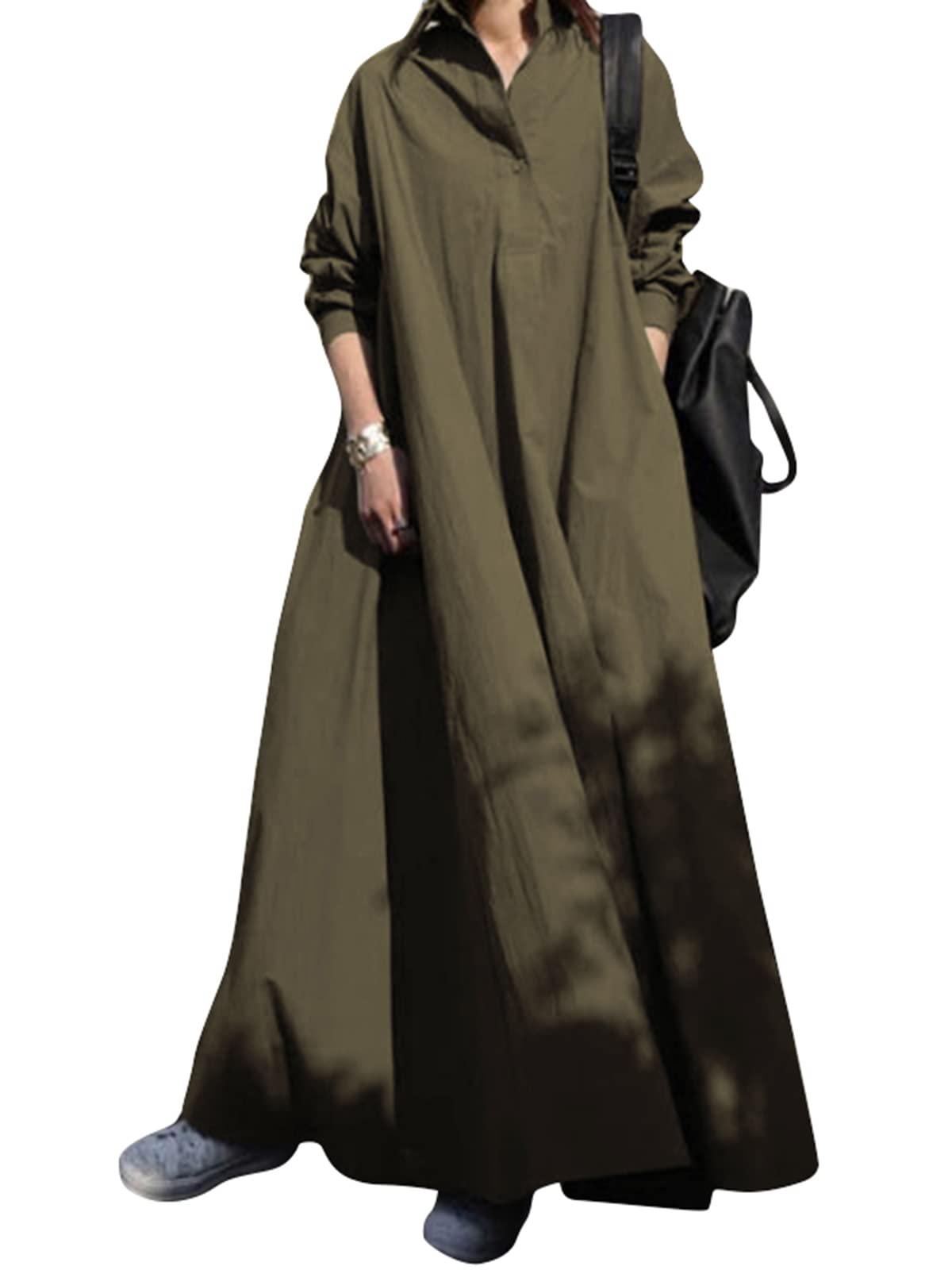 ZANZEA Women's V-Neck Long Sleeve Maxi Dress - Casual Loose Fit Solid Color Elegant Midi Dress for Women | Perfect for Date Night, Office Wear & Special Occasions