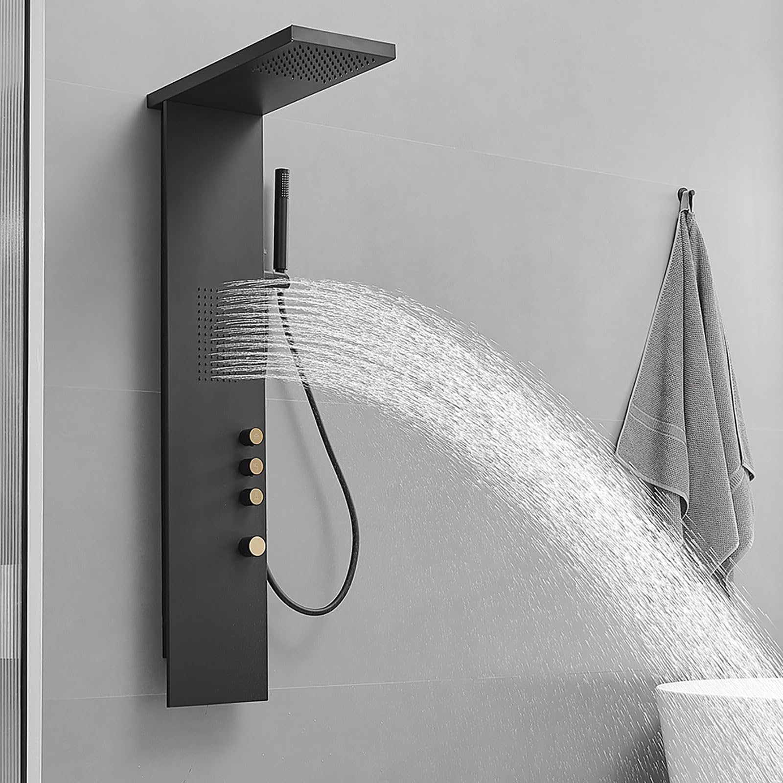 Premium Stainless Steel Shower Panel Tower System with Rainfall Shower, Body Jets & Handheld Shower - 3-Function Wall Mounted Black Shower System for Luxurious Spa-Like Bathroom Experience