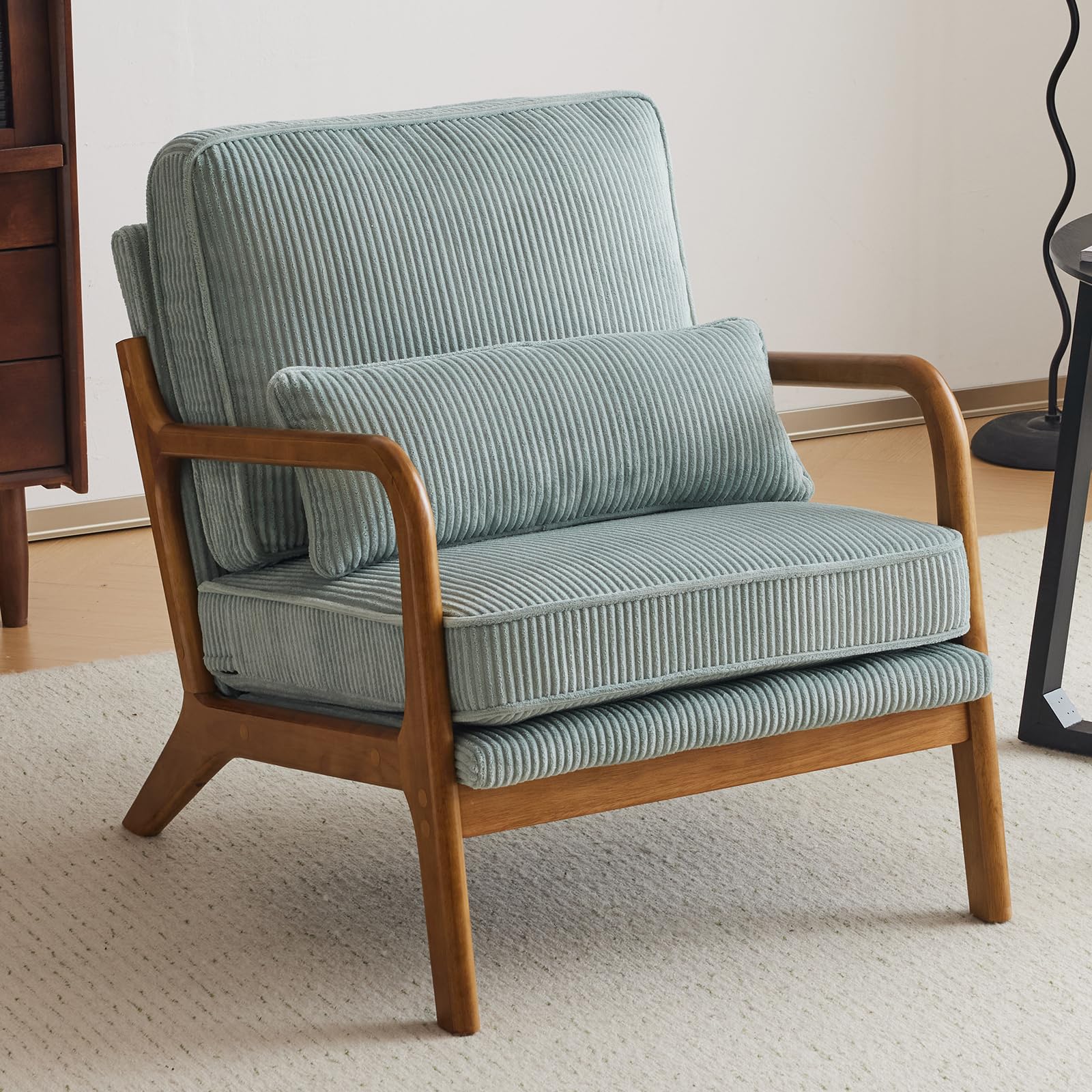 Upgraded Premium Corduroy Accent Chair - Mid Century Modern Upholstered Armchair with Solid Wood Frame & Lumbar Pillow - Comfortable Reading Chair for Living Room, Bedroom, Guest Room - Light Teal - Perfect for Relaxing, Reading & Home Decor