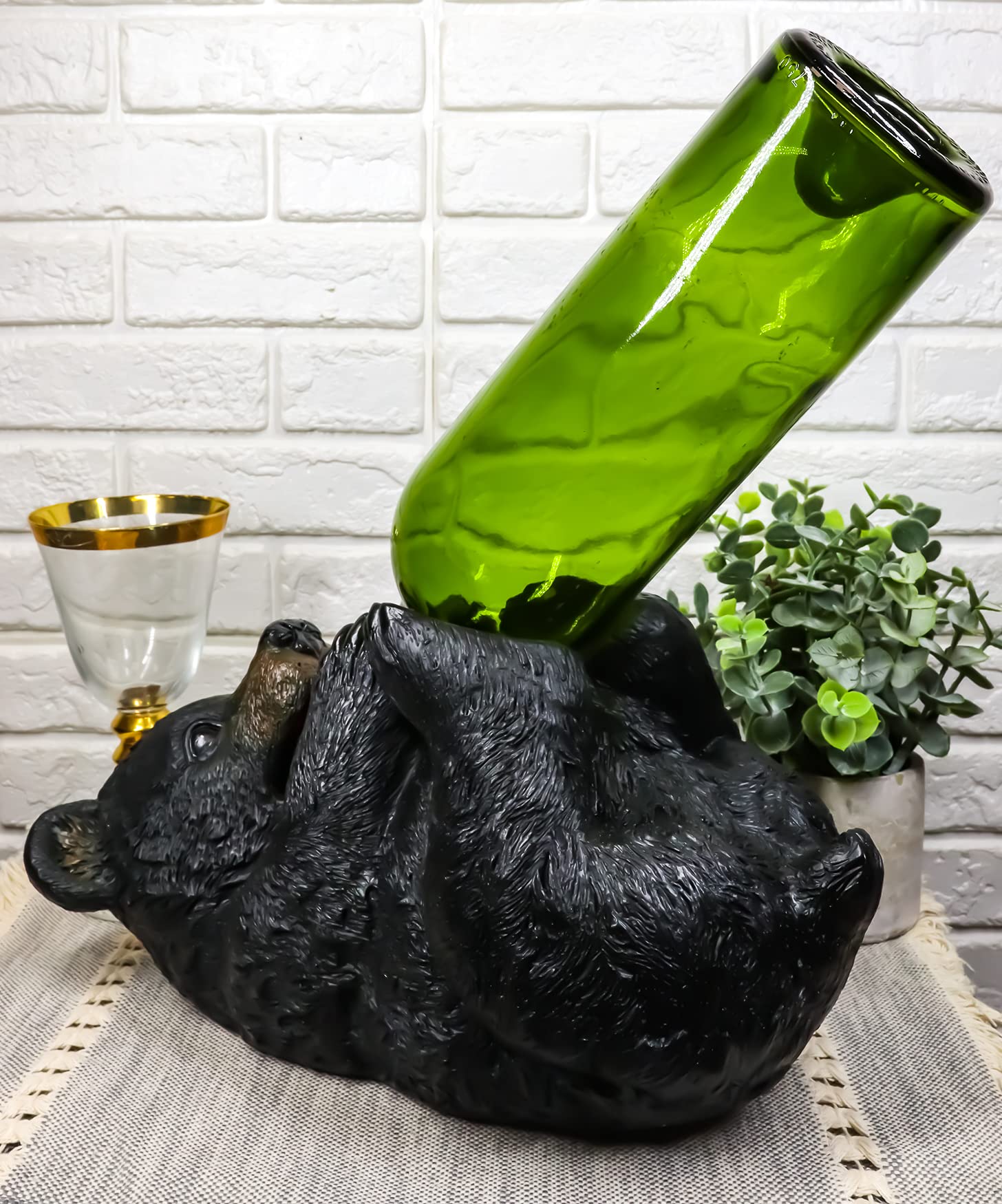 Ebros Large Rustic Cabin Lodge Decorative Black Bear Hugging Wine Bottle Holder - 11.5