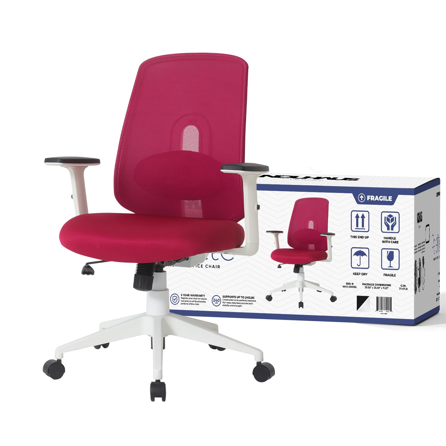 Nouhaus Palette Ergonomic Mesh Office Chair - Adjustable Lumbar Support & Armrests, Breathable Computer Desk Chair for Home & Executive Workspaces (Burgundy) - Perfect for Long Hours of Work, Gaming, or Studying