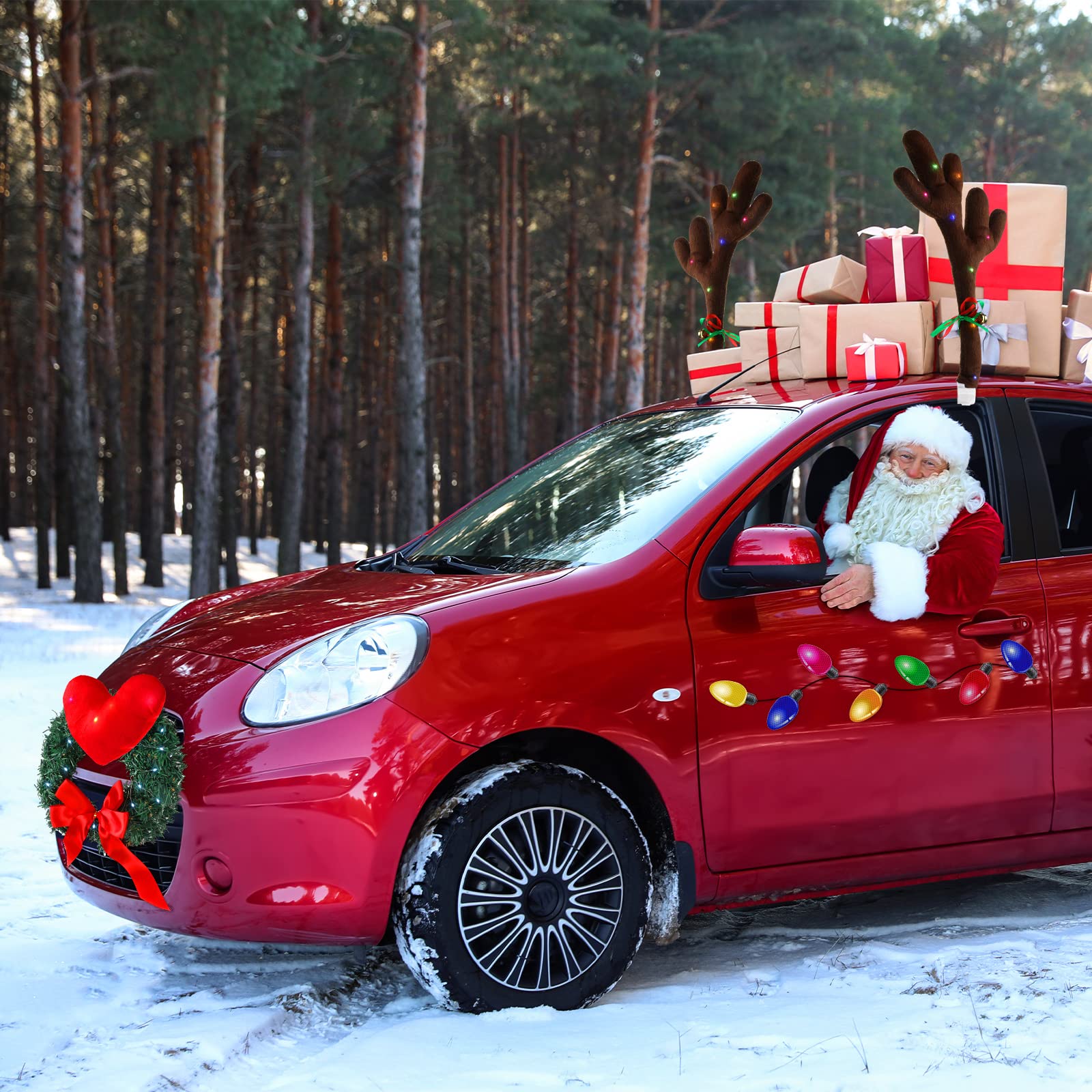 32 Pcs Christmas Car Decorations Kit - LED Reindeer Antlers, Wreath, Santa Hat & Leg, Reflective Bulb Lights for Car, Home, Office Xmas Decor - Perfect for Holiday Parties, Road Trips & Festive Gifts