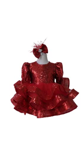 Red Sequin Long Sleeve Ballet Dress for Baby Girls 9-12 Months - Christmas, Wedding, Birthday Party Outfit | Toddler Flower Girl Dress for Special Occasions