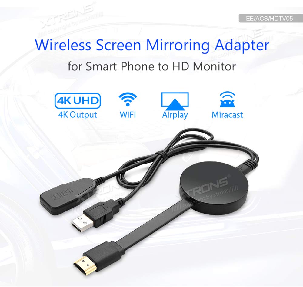 XTRONS 4K Wireless Display Adapter - Airplay & Miracast HDMI Dongle for Smart TV, Screen Mirroring Receiver for iOS Android Devices, Monitor & Projector | Perfect for Home Theater, Office Presentations & Gaming
