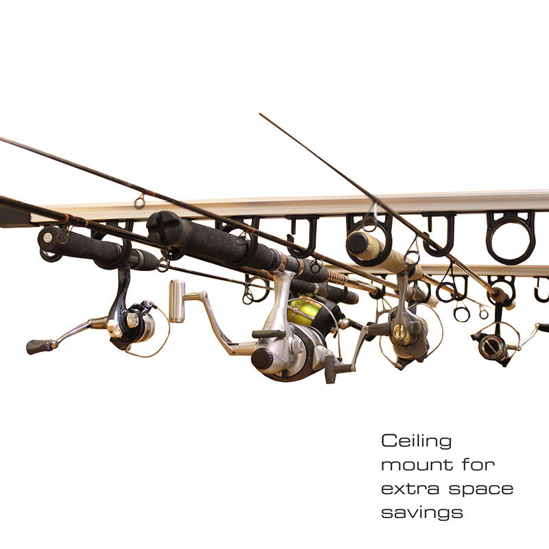 10-Rod Wall or Ceiling Mounted Storage Rack - Space Saving Organizer for Fishing Rods, Ski Poles, Broomsticks & More - Perfect for Garage, Basement, or Outdoor Shed Organization
