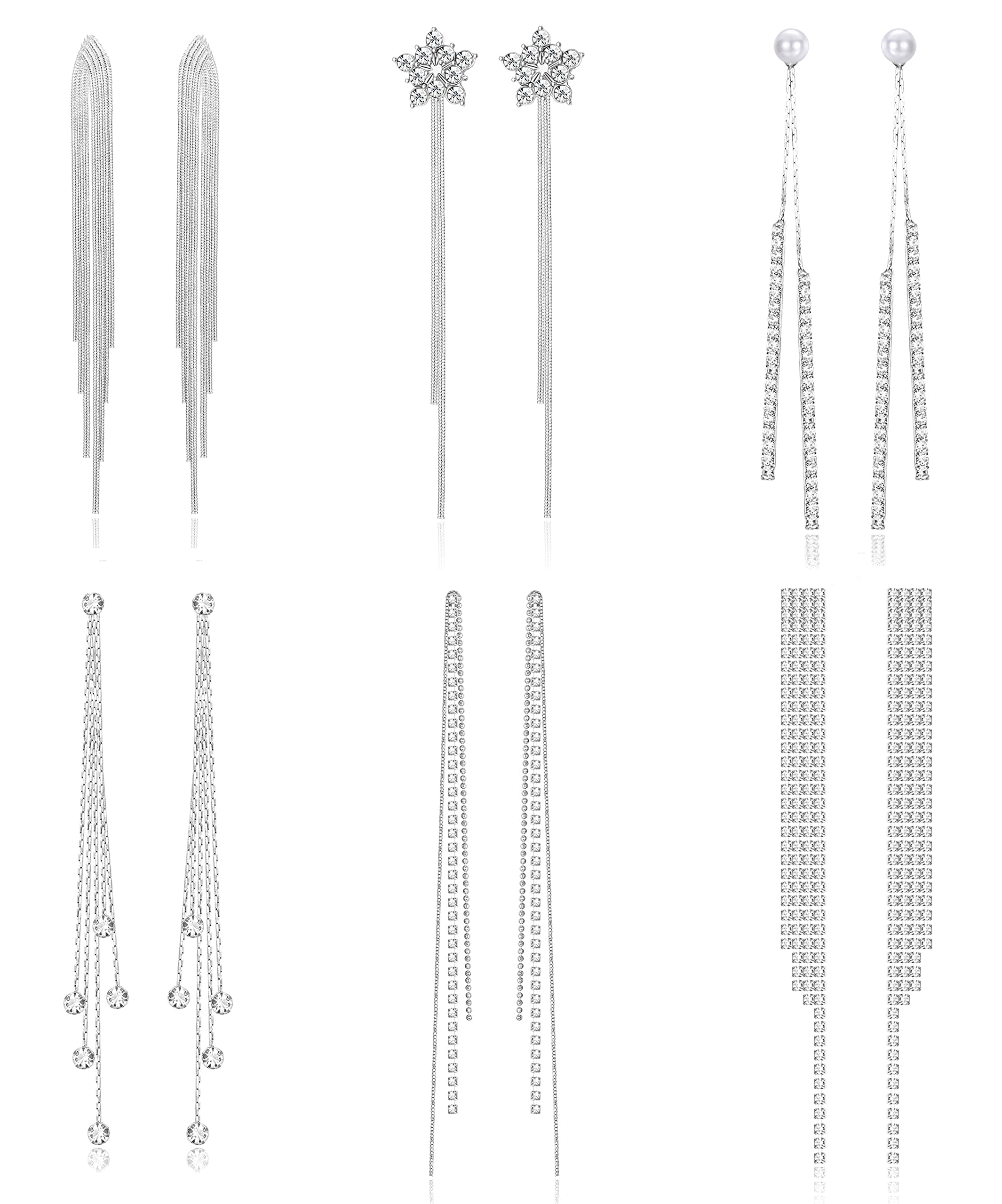 Kakonia 6 Pairs Long Tassel Drop Dangle Earrings for Women | Rhinestone Linear Geometric Thread Earrings | Wedding, Party & Evening Wear Jewelry Accessories