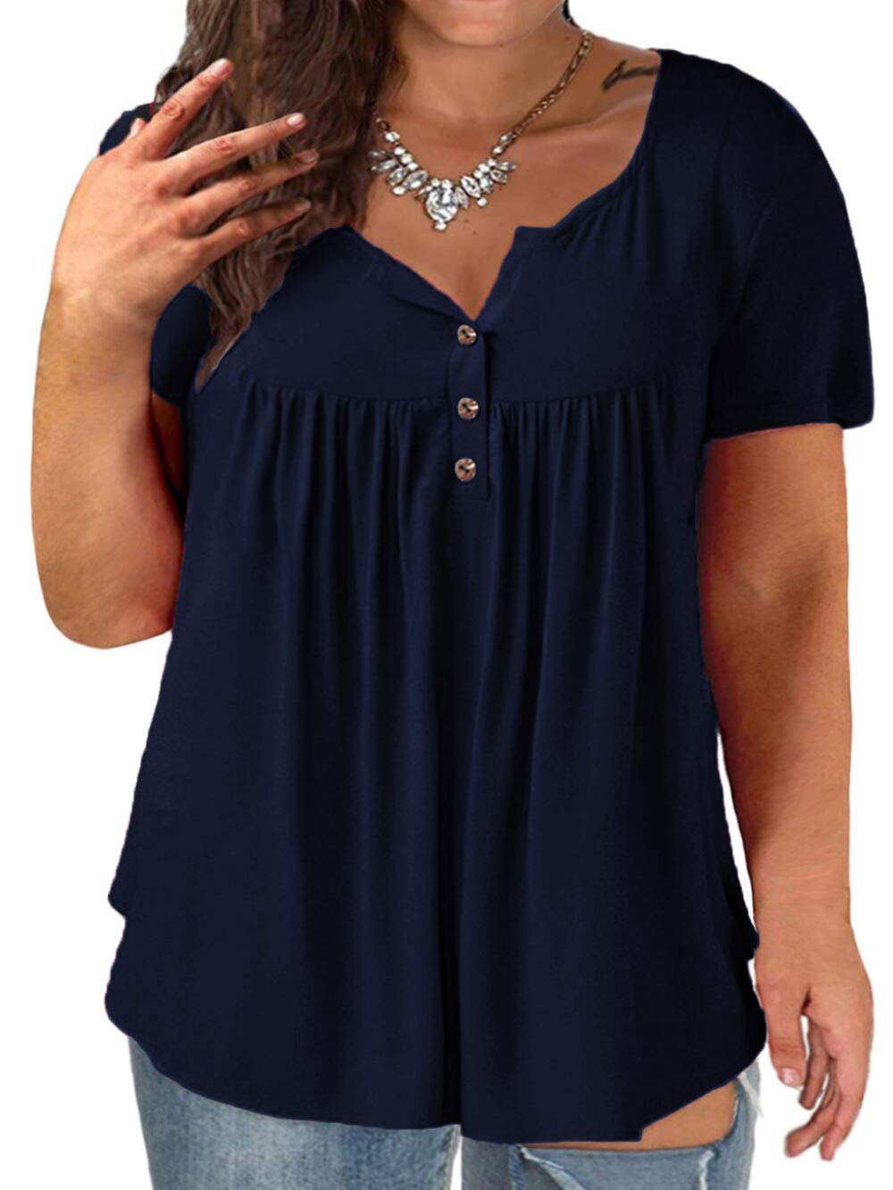 Plus Size Women's Summer Henley Shirts - Flowy Tunic Tops for Casual Wear & Beach Outfits | Comfortable Loose Fit Tees for Everyday Style