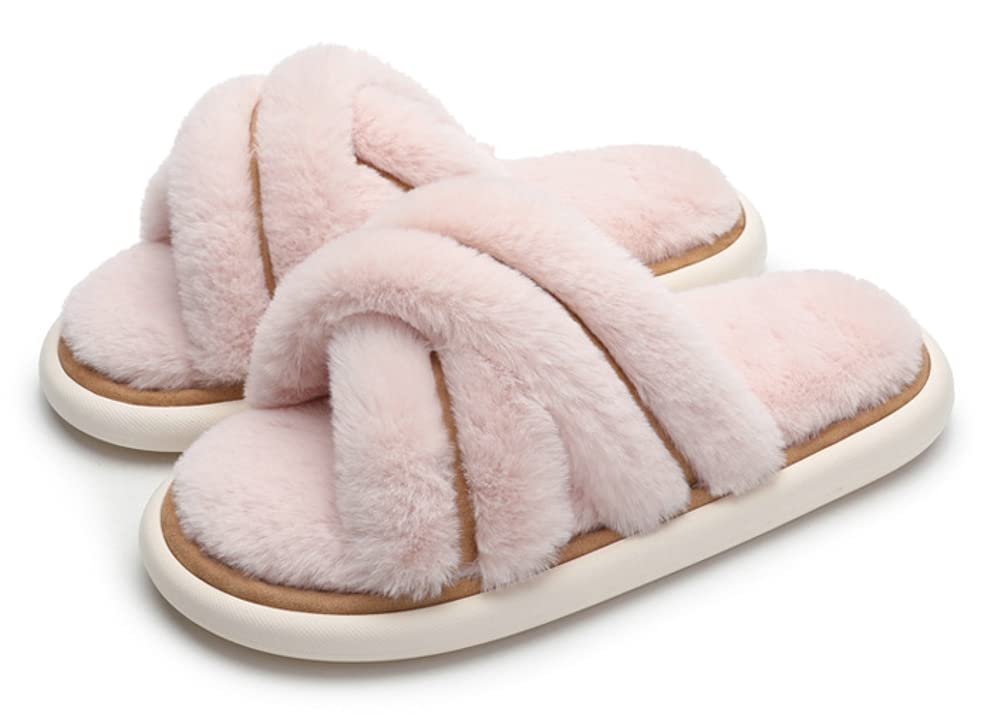 Women's Anti-Skid Memory Foam Slippers - Soft Plush Fuzzy Open Toe House Shoes with Cross Band for Indoor/Outdoor Use - Perfect for Relaxing at Home, Lounging & Quick Outdoor Errands