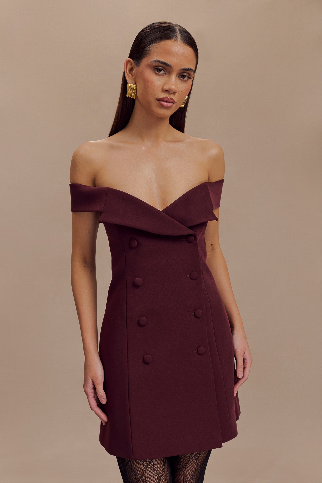 Noelle Off Shoulder Suiting Mini Dress in Mahogany - Elegant Cocktail Party & Wedding Guest Outfit