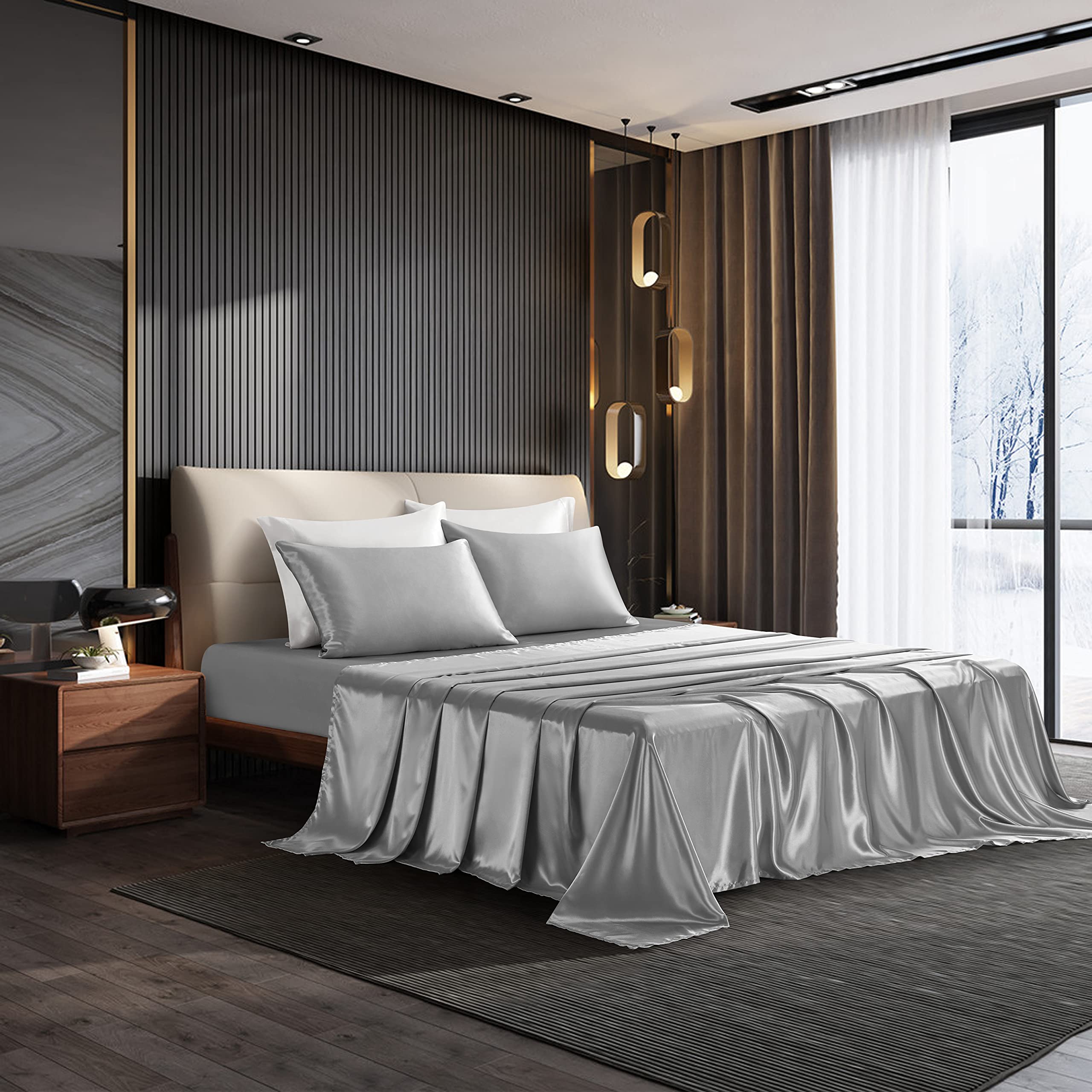 NA HommxJF Light Gray Satin Sheets King Size - 4 Piece Luxury Bedding Set with 1 Flat Sheet, 1 Deep Pocket Fitted Sheet & 2 Pillowcases - Soft Silky Satin for Bedroom, Hotel, Guest Room