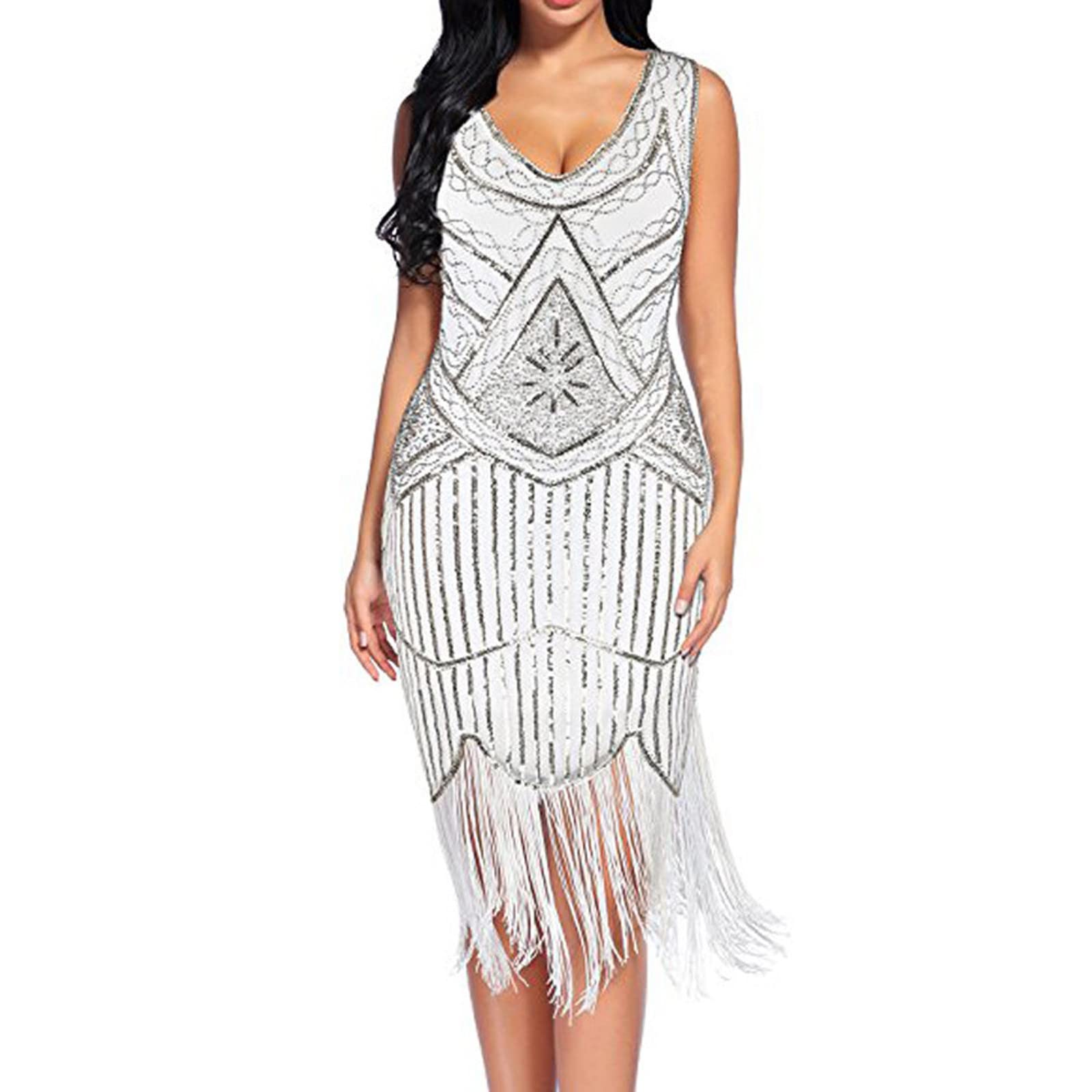 FMCHICO Plus Size 1920s Vintage Fringed Sequin Beaded Tassel Hem Flapper Dress for Women - Great Gatsby Costume, Roaring 20s Party Outfit, Halloween Costume, Burlesque Show Dress