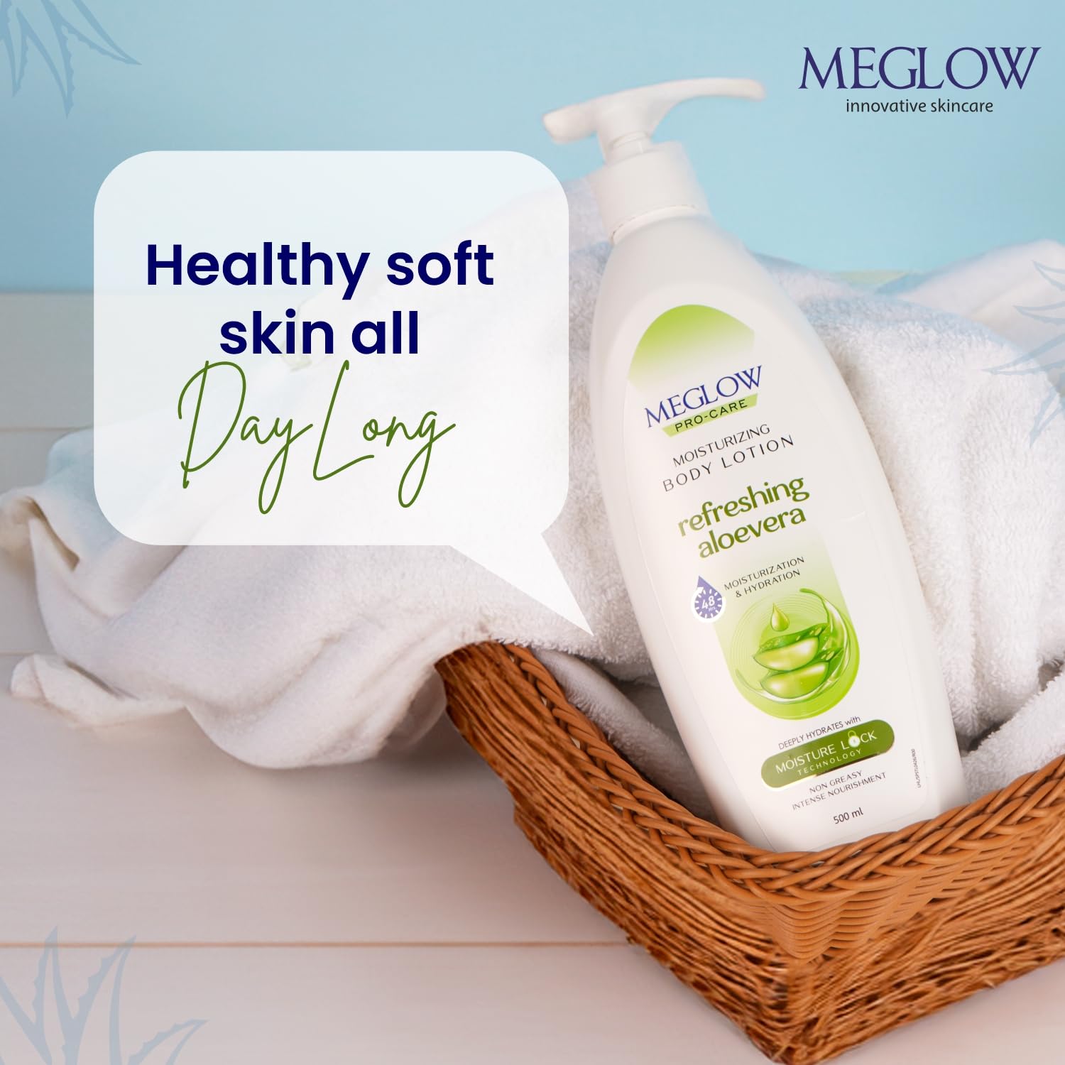 Meglow Pro-Care Moisturizing Body Lotion for Women & Men - 500ml Aloe Vera Enriched Hydrating Lotion for Dry Skin with 48-Hour Moisture Lock Technology | Perfect for Daily Use, After Shower & Winter Skin Care
