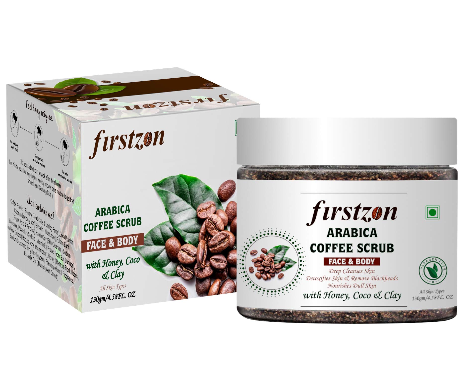 FIRSTZON Arabica Coffee Face & Body Scrub - Natural Exfoliator for Skin Brightening & De-Tanning | Gently Exfoliates Knees, Elbows, Face, Scalp & Arms | Perfect for Spa Day, Self-Care Routine & Glowing Skin