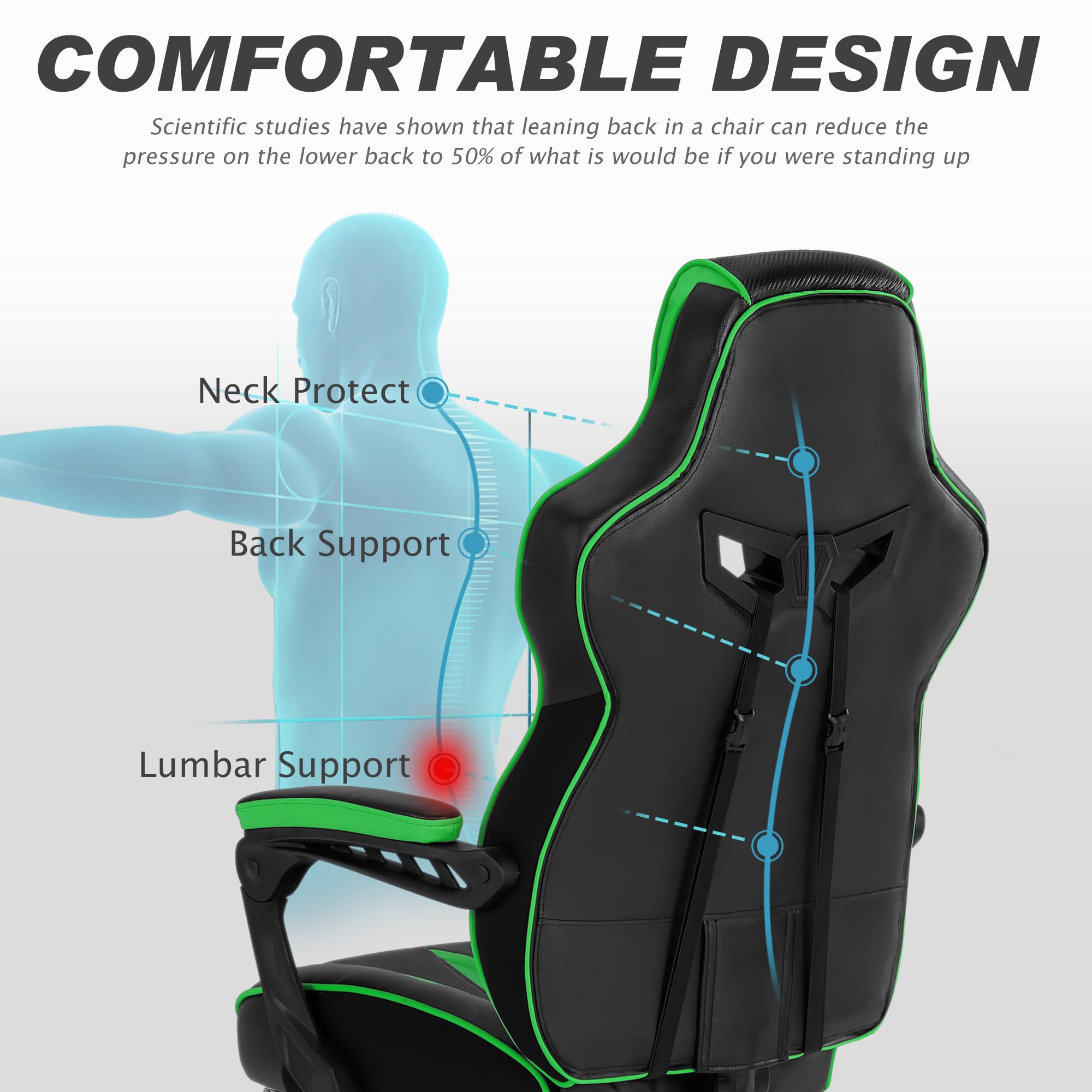 Vonesse Ergonomic Gaming Chair with Adjustable Footrest & Lumbar Massage - Big and Tall Reclining Computer Game Chair for Adults & Teens - High Back Video Gaming Chair for Office & Home (Green/Black) - Perfect for Esports, Streaming & Long Gaming Sessions