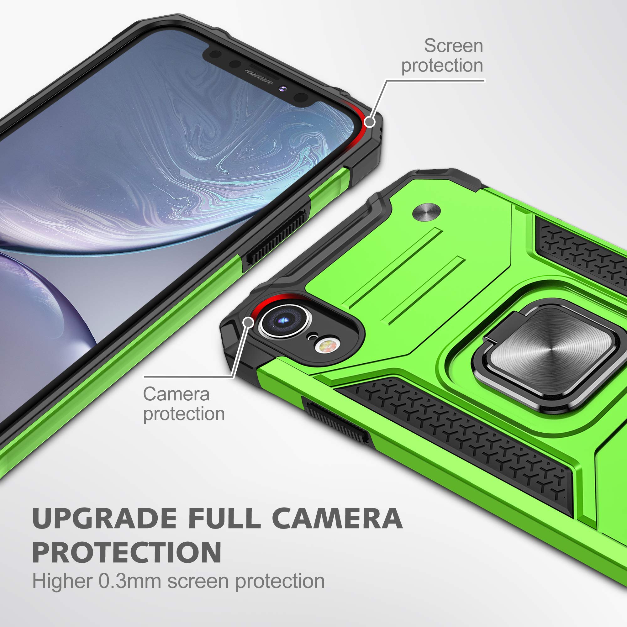 SunStory iPhone XR Case with HD Screen Protector & Magnetic Ring Kickstand - Compatible with iPhone XR 2018 (Z-Green) | Shockproof Protective Cover for Work, Travel and Outdoor Activities