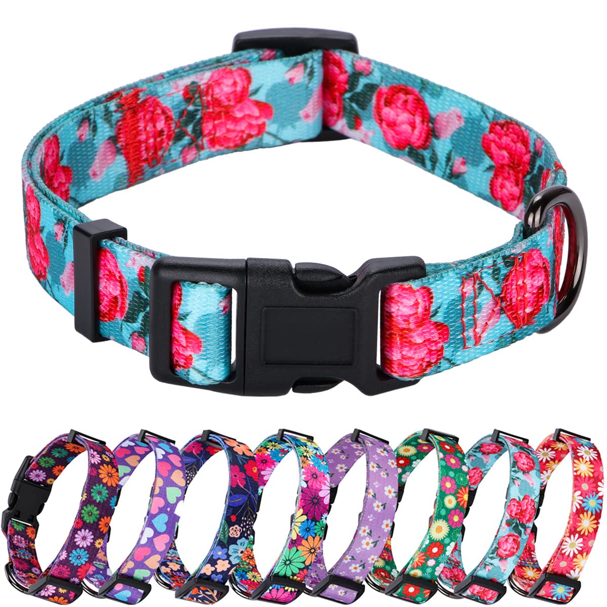 Rhea Rose Floral Print Dog Collar for Girls - Summer Flower Pet Collar, Turquoise, Medium Size | Perfect for Outdoor Walks, Pet Parties & Photo Shoots