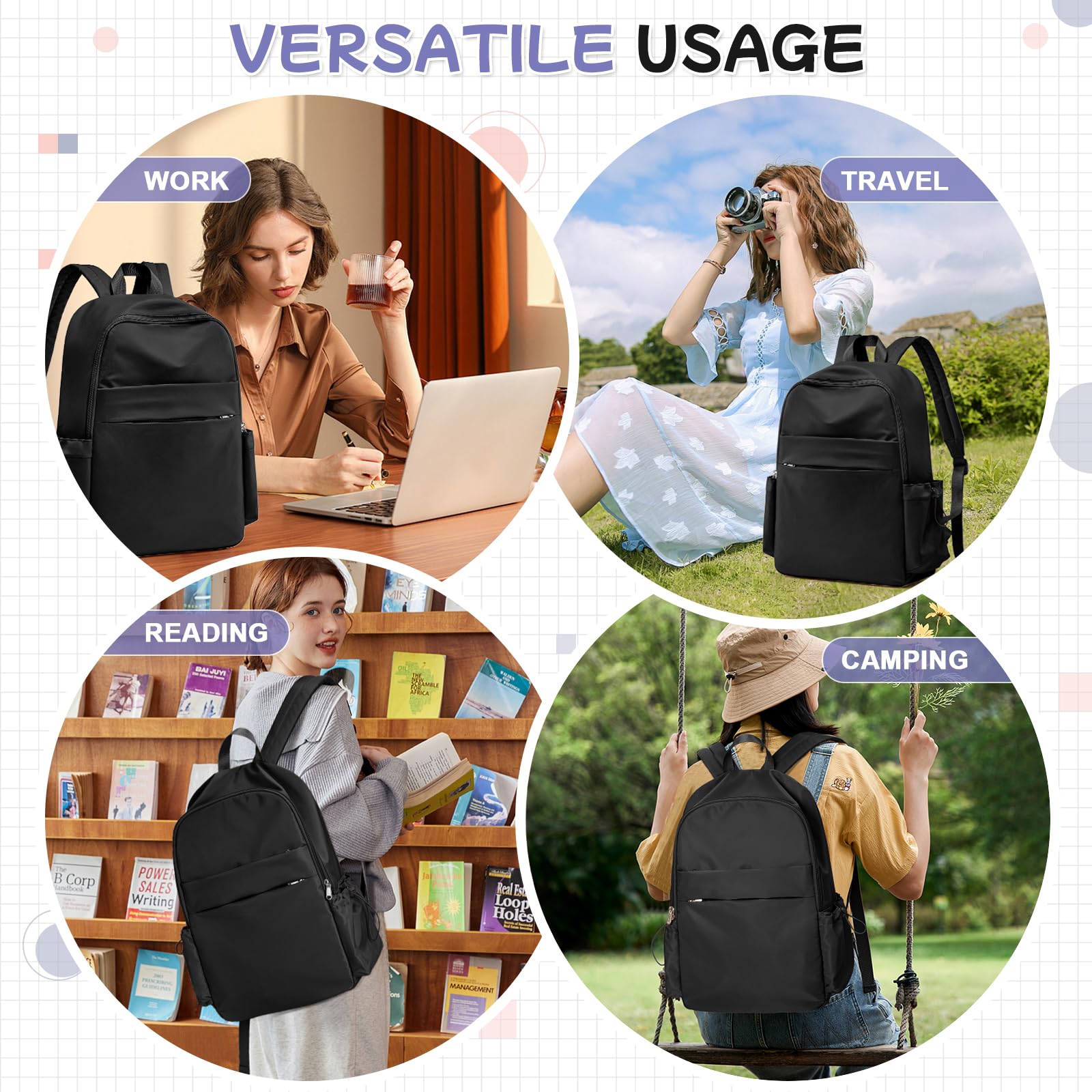 Stylish Black Laptop Backpack for Women & Men - Waterproof Travel Backpack with Anti-Theft Design, USB Charging Port & Laptop Compartment (Fits 15.6