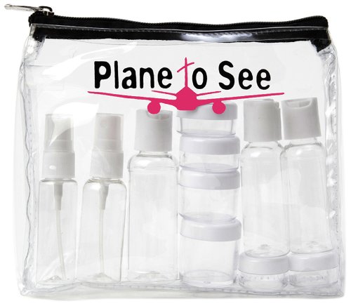 Miamica TSA Approved Clear Quart Size Travel Toiletry Bag with 11 Leak-Proof Bottles & Labels - Fuchsia & Black - Perfect for Airplane Carry-On & Weekend Trips