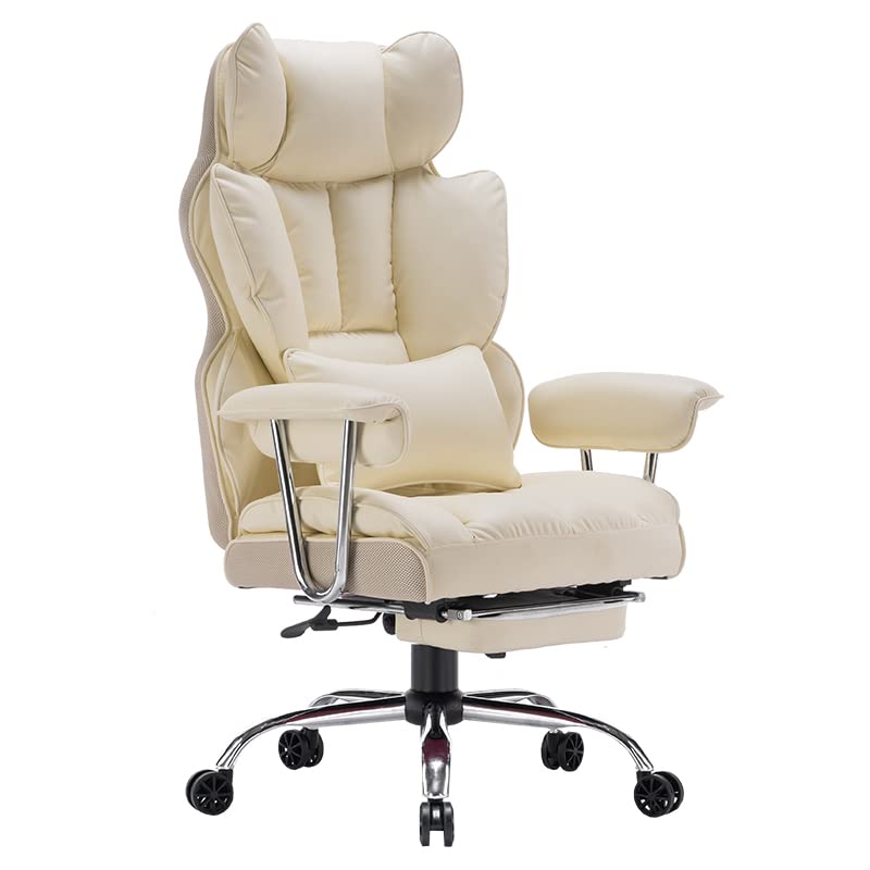 Efomao 400LBS Heavy Duty Executive Office Chair - Big and Tall PU Leather Computer Desk Chair with Adjustable Lumbar Support & Footrest - Ergonomic Home Office Chair for Work, Gaming, and Study (Beige)