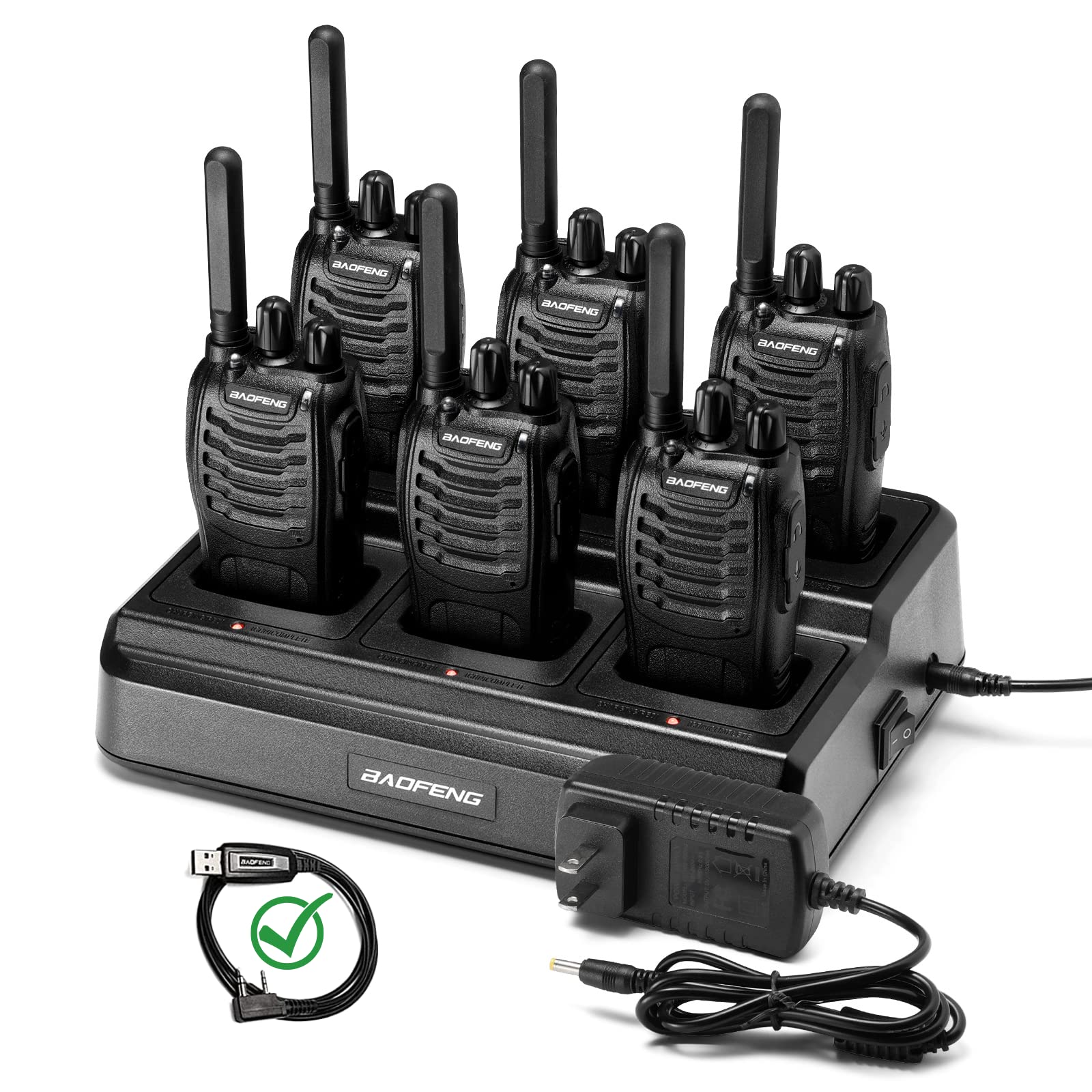 BAOFENG BF-88ST Long Range Walkie Talkies (6 Pack) - Rechargeable Two Way Radios with 6-Way Multi Unit Charger, License-Free Communication for Adults - Includes Earpieces & USB Charging - Ideal for Outdoor Adventures, Construction Sites, and Event Coordination (Black)