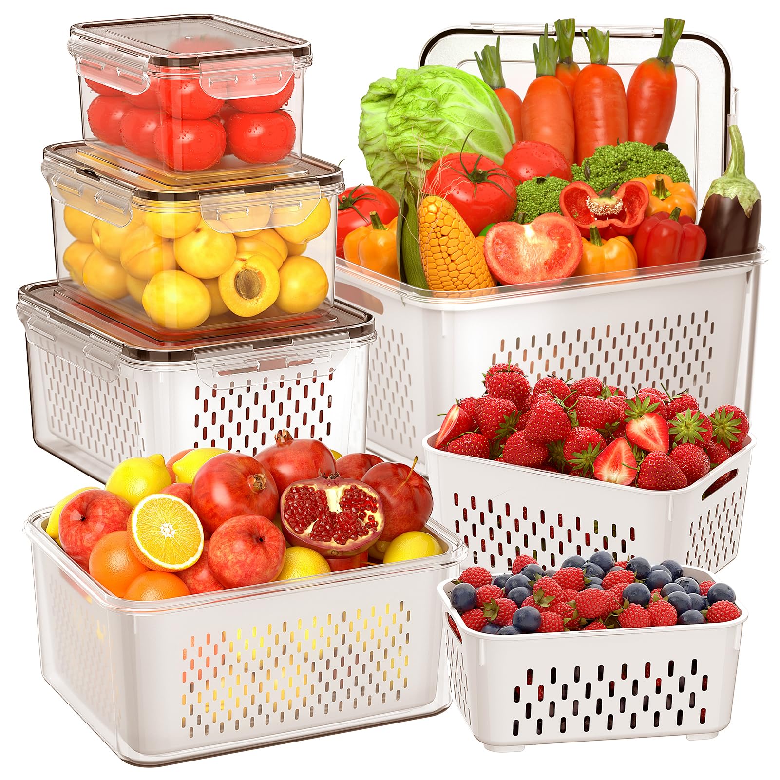 5-Piece Large Airtight Food Storage Containers with Removable Colanders & Lids - Keep Fruits, Vegetables, Meat Fresh Longer - Perfect for Fridge, Pantry, Meal Prep & Organization