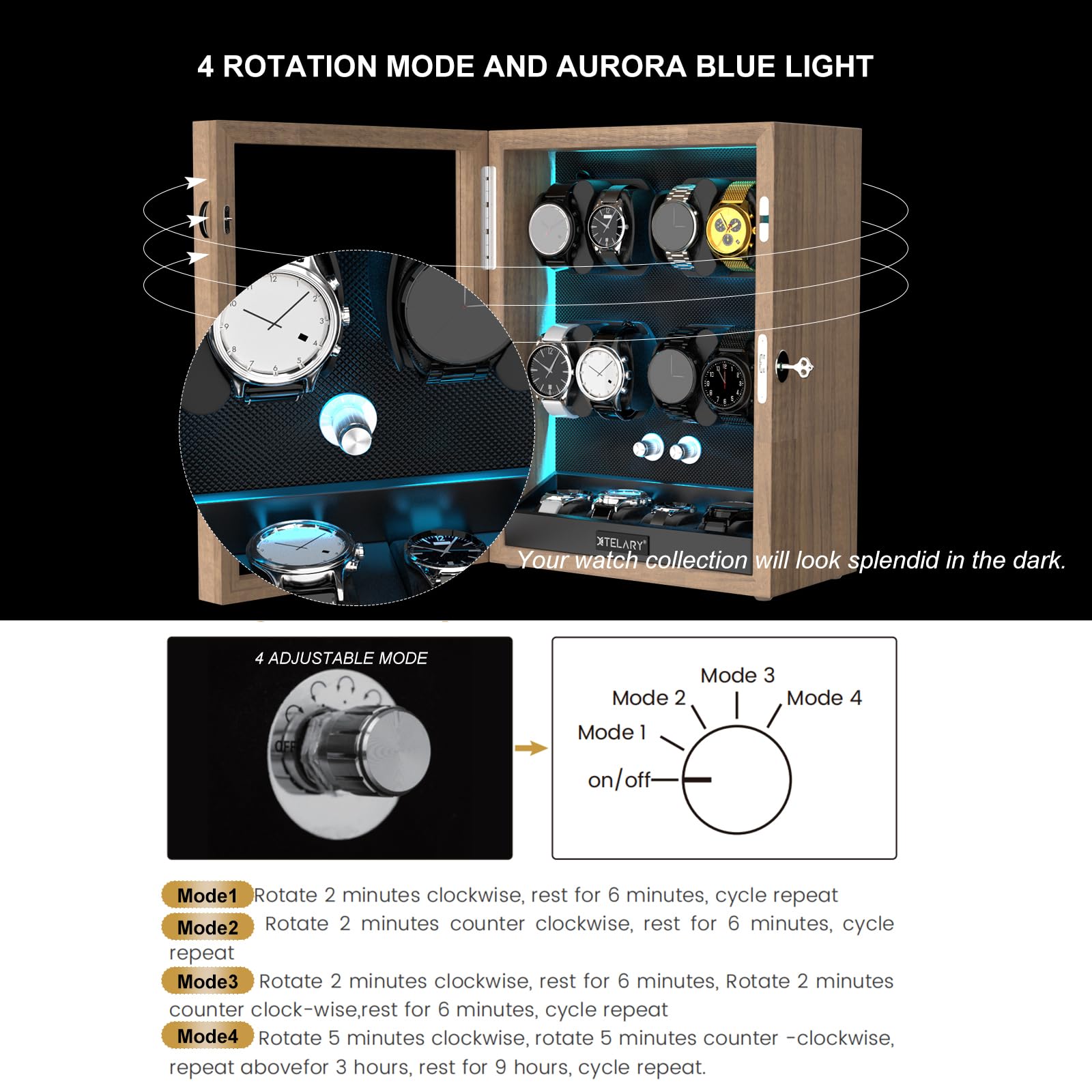 XTELARY Lockable Automatic Watch Winder - 4/6/8/12 Watch Storage Box with 4 Rotation Modes, Ultra Quiet Motor & LED Backlight | Perfect for Watch Collectors, Luxury Timepiece Display & Safe Storage