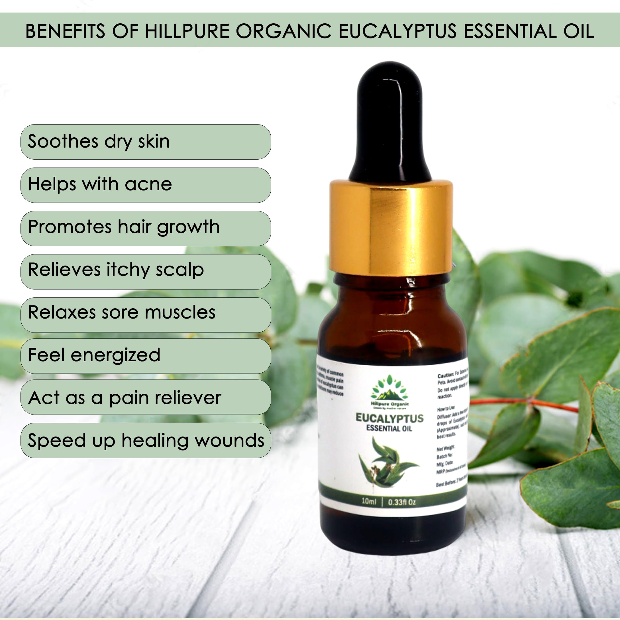 Hillpure Organic Eucalyptus Essential Oil - 100% Pure Natural Therapeutic Grade for Hair Growth, Skin Care & Aromatherapy Diffuser - 10ml Bottle for Stress Relief, Cold Relief & Home Spa