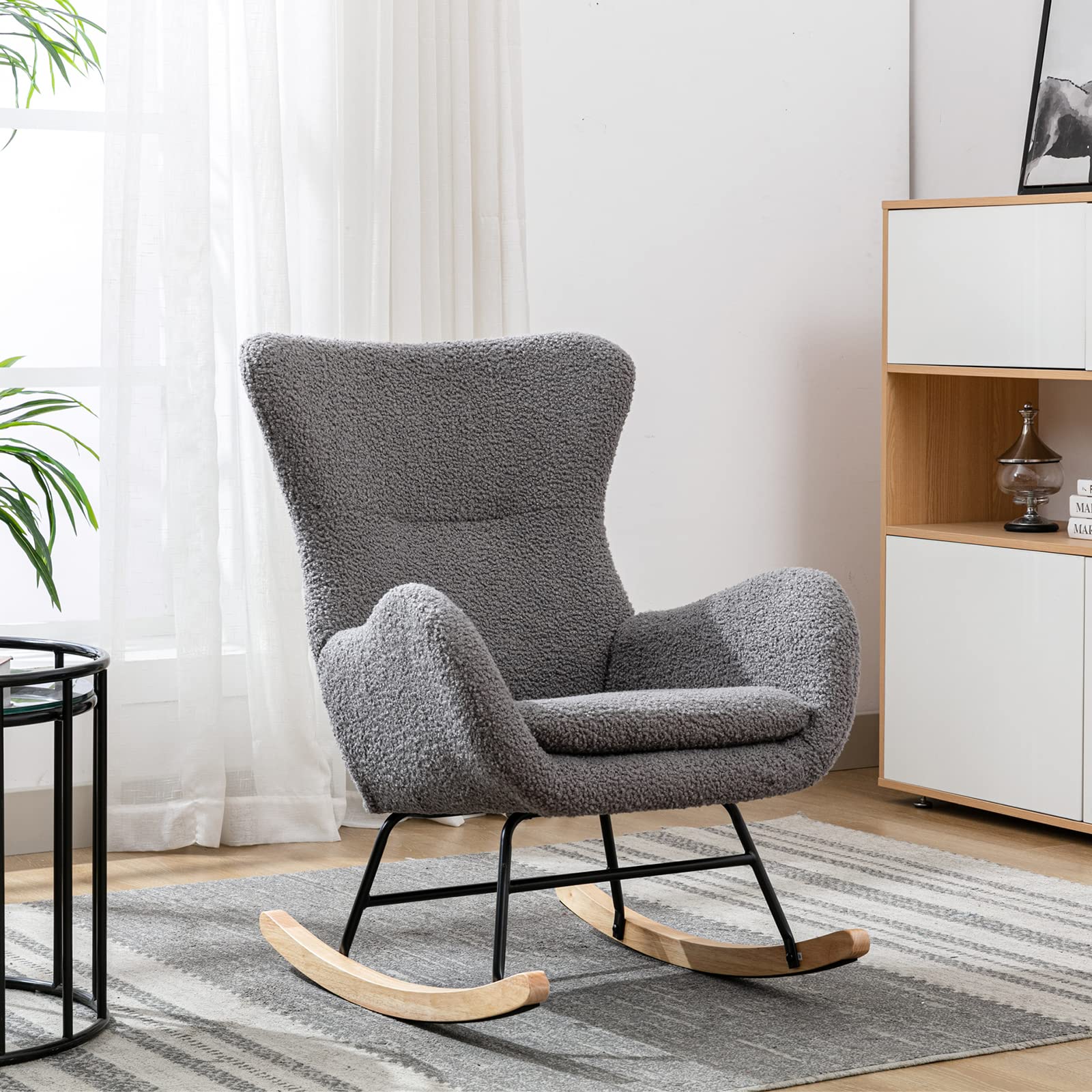 Teddy Velvet Rocking Accent Chair - Upholstered Glider Rocker Armchair with High Wingback & Armrests | Nursery, Living Room & Bedroom Comfort Chair (Gray) | Perfect for Nursing, Reading & Relaxing