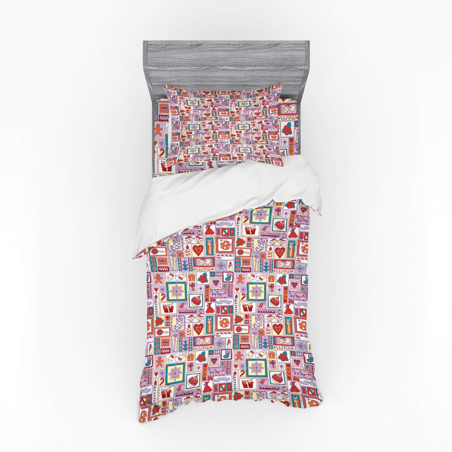 Ambesonne Christmas Bedding Set 3-Piece - Festive Holiday Duvet Cover with Xmas Tree, Bells & Snowflakes Design - Twin XL Size Multicolor - Perfect for Holiday Guest Rooms & Winter Bedroom Decor