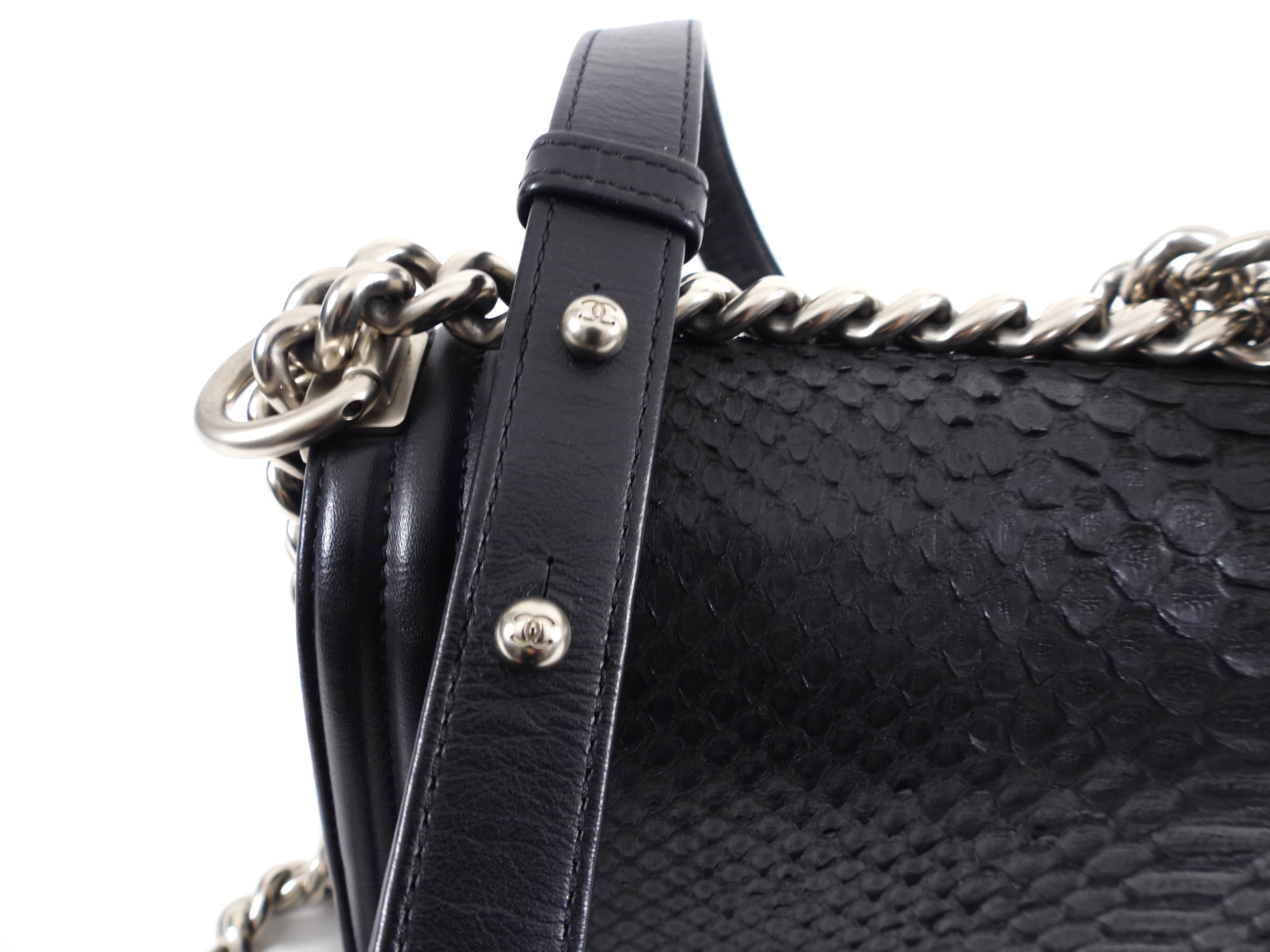 Chanel Medium Boy Bag in Black Leather & Exotic Python - Luxury Designer Handbag for Women, Perfect for Evening Events & Special Occasions