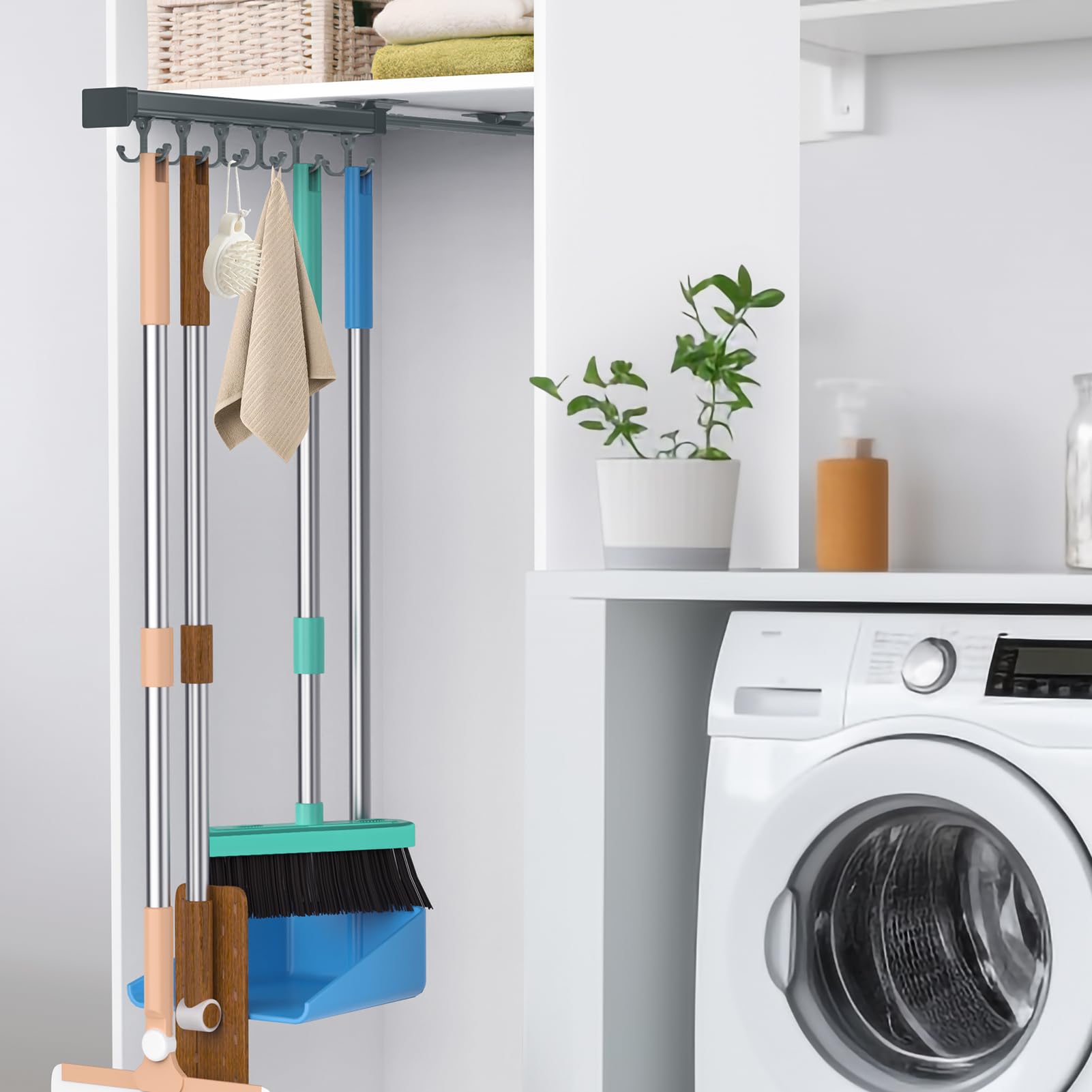 Adjustable Double Row Sliding Hook Broom & Mop Holder - Multifunctional Pull Out Storage Organizer for Garage, Closet & Laundry Room - Dark Grey (36cm) - Perfect for Space Saving Home Organization