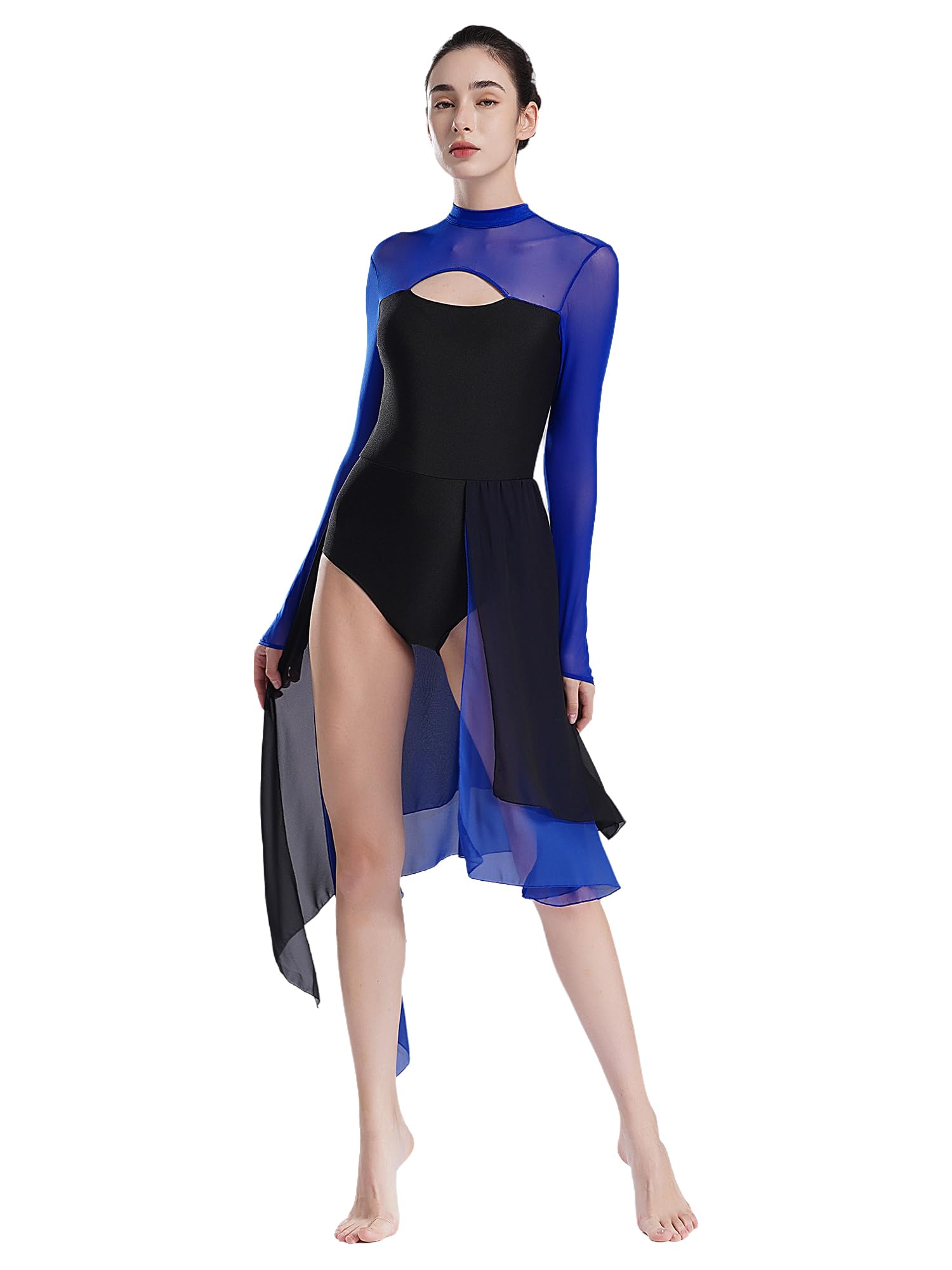 Hularka Women's Lyrical Dance Costume - Color Block One Shoulder Keyhole Contemporary Dance Dress for Modern Performances & Competitions