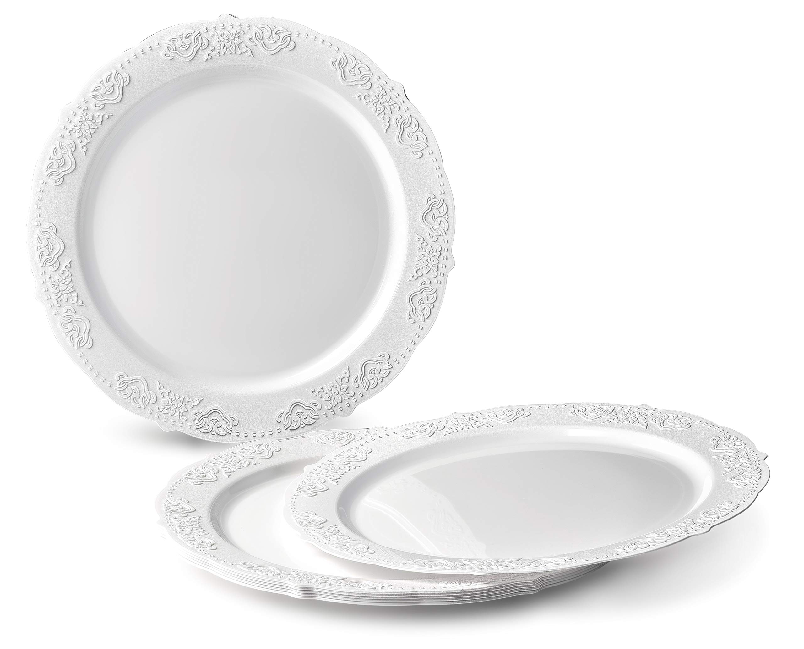 960-Piece Vintage Wedding Party Disposable Plastic Plates & Cutlery Set (120 Guests) - Includes 120 x 10.25'' Plates, 120 x 7.5'' Plates, Silverware, Cups & Napkins in Portofino Plain White - Perfect for Weddings, Bridal Showers, Anniversaries & Formal Events