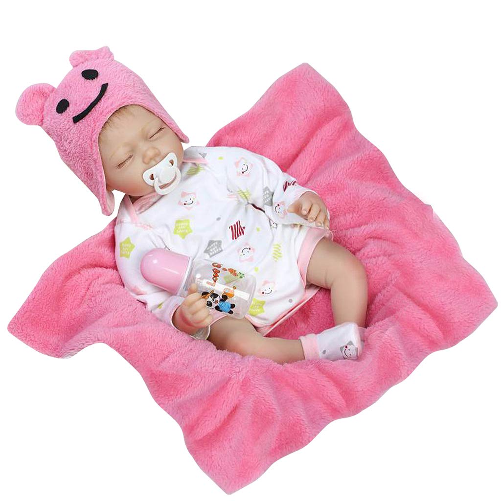 55cm Pink Lifelike Reborn Baby Doll Set with Clothes, Hat, Bottle & Blanket - Perfect Gift for Toddlers & Newborns | Realistic Cartoon Printed Jumpsuit for Role Play & Collectibles