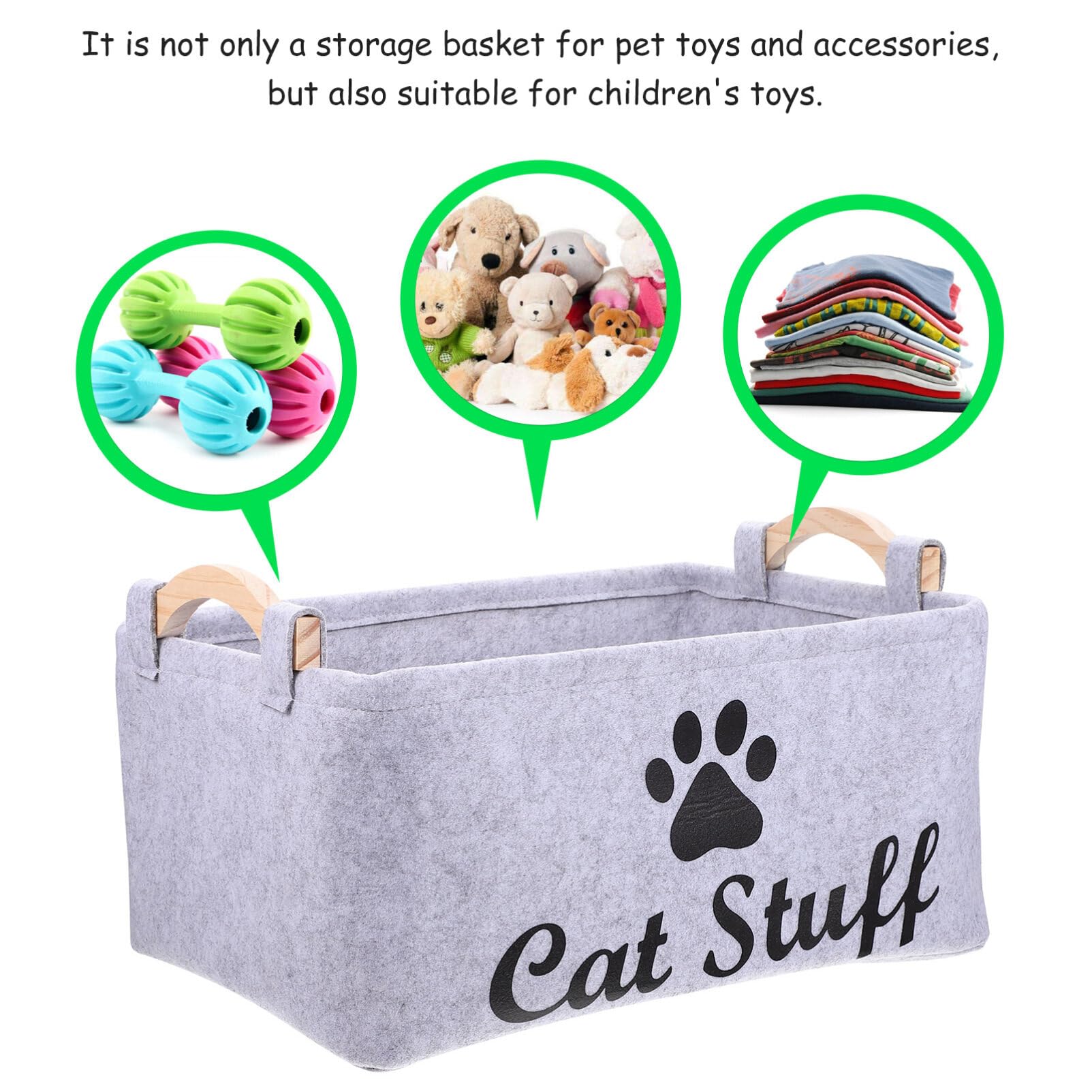 POPETPOP Cat Toy Storage Basket with Handle - Collapsible Organizer Box for Cat Toys, Apparel & Accessories (Grey) - Perfect for Pet Playroom, Living Room & Bedroom Organization