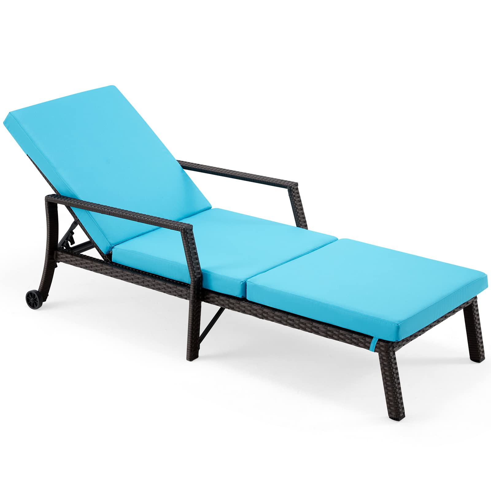 UPHYB Outdoor Chaise Lounge Chair - Adjustable Rattan Wicker Poolside Chair with 2 Wheels & Thickened Cushion - Patio, Deck, Garden, Beach Relaxation (Blue)