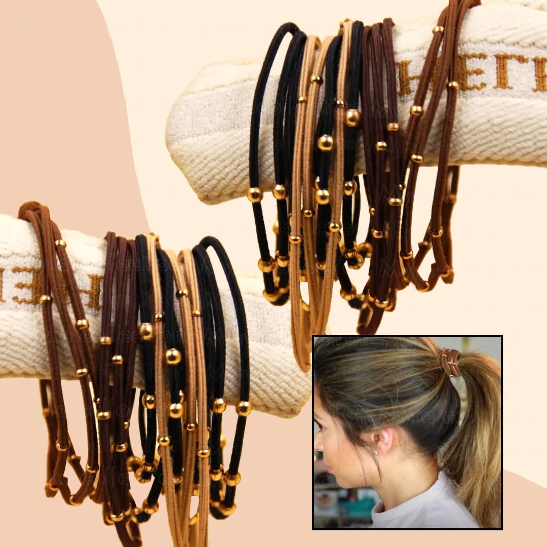 Myra Collection 5-Piece Gold Beaded Hair Ties & Bracelet Set - 3-Layer Elastic Hair Accessories for Women & Girls - Elegant Ponytail Holders for Daily Wear, Parties & Special Occasions