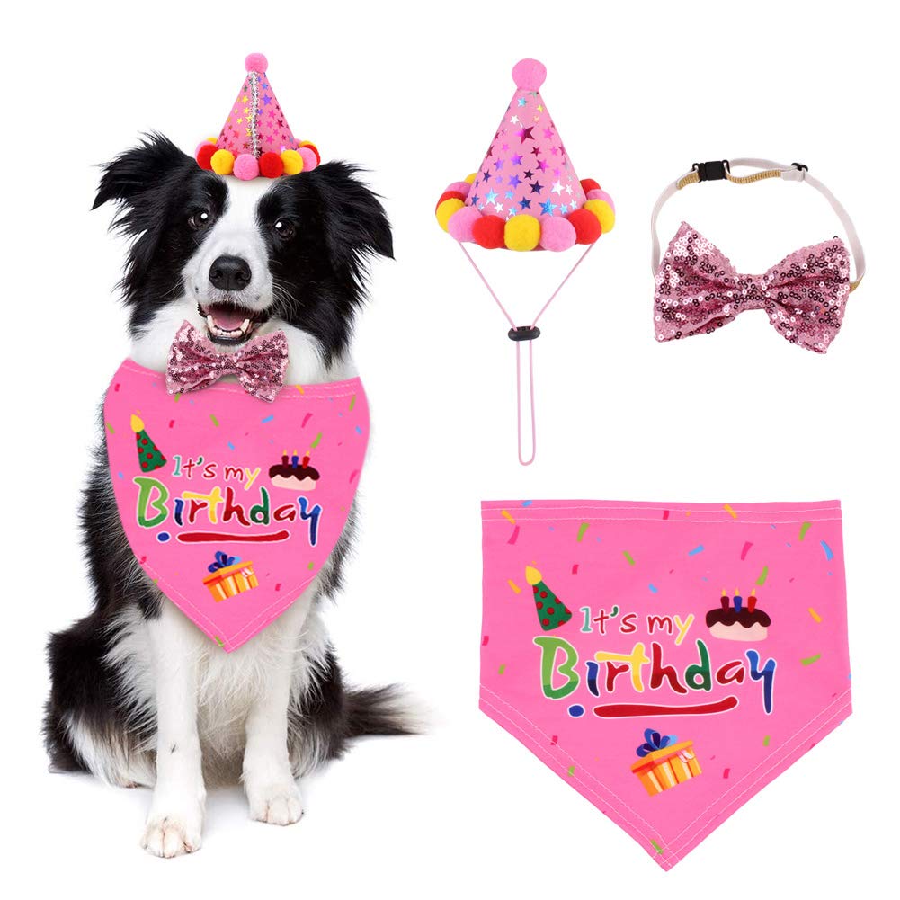Colorful Pet Bib Scarf with Birthday Print - Pink Cotton Saliva Towel for Pets